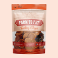 Turkey chip dog treat bag, Farm to Pet Turkey Chips, front view with circular snack pieces