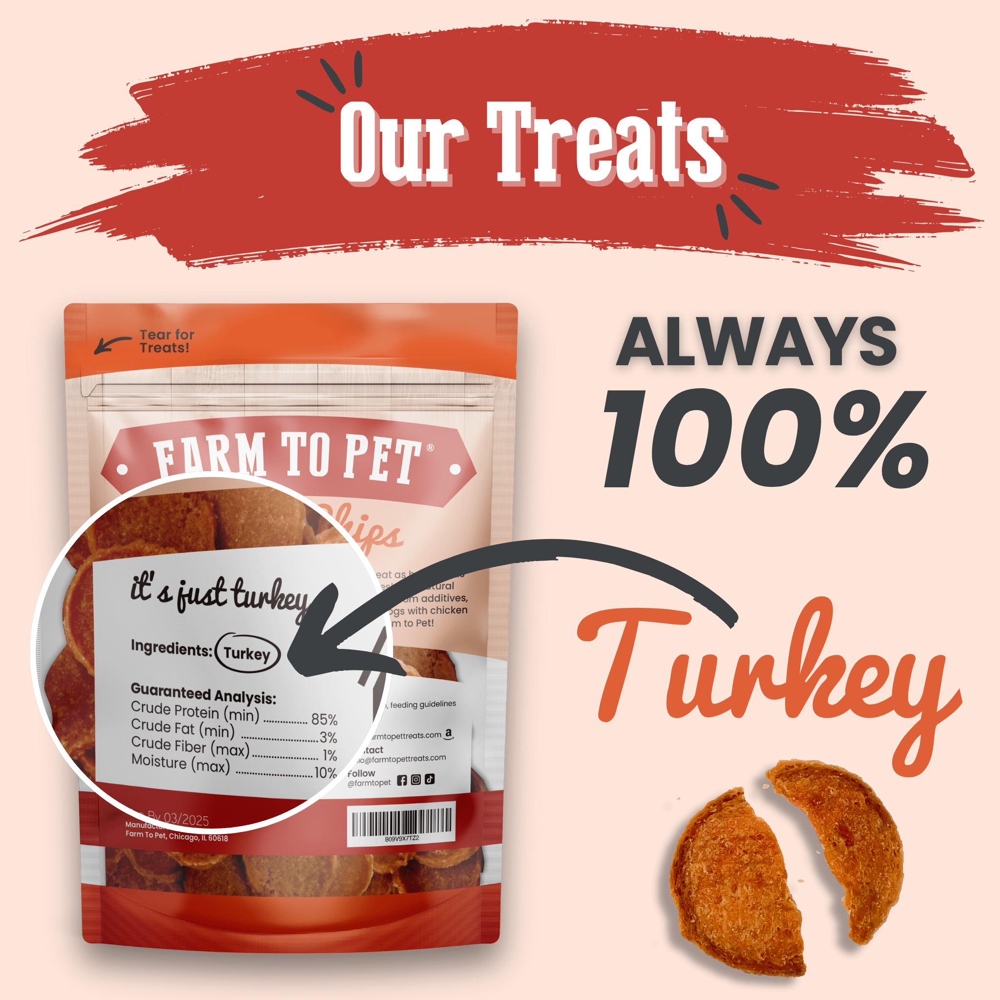 Turkey chip dog treat bag with ingredient label and two turkey chip slices