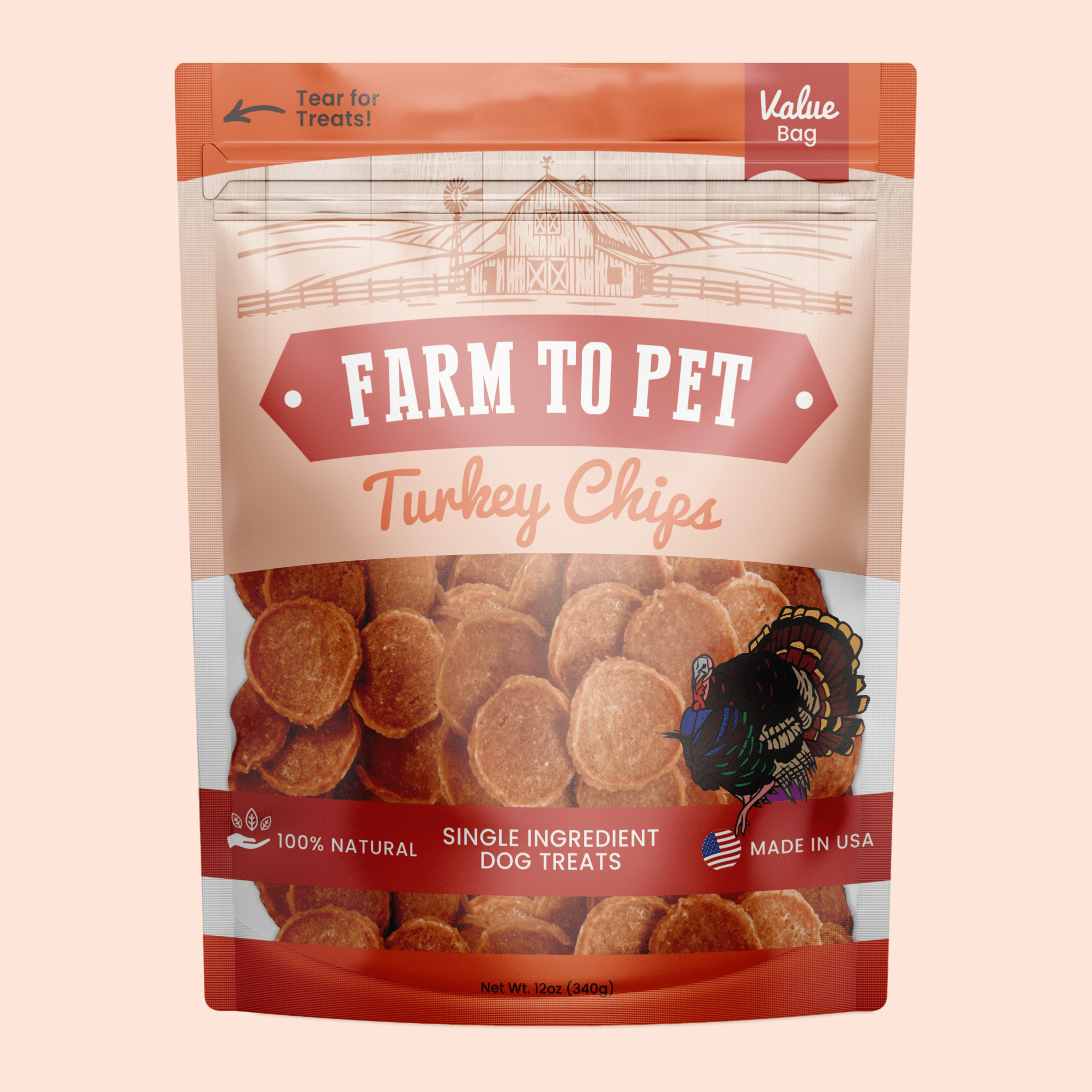 Turkey chip dog treat Value Bag, Farm to Pet Turkey Chips, front view