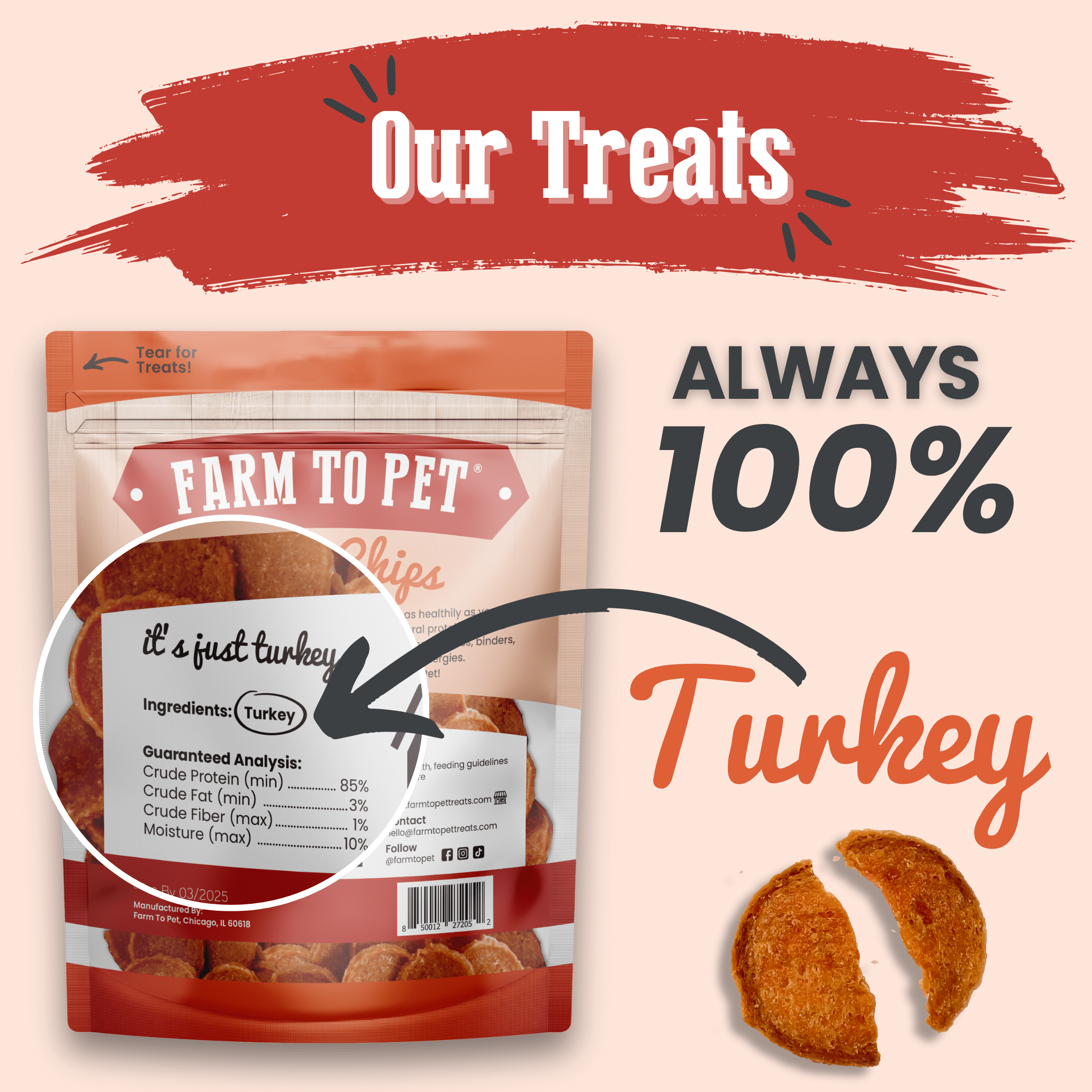 Turkey chip dog treat bag with ingredient text circle and turkey chip slices