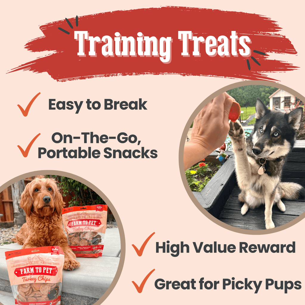 Training treats infographic with turkey chip snack bags and dog photos