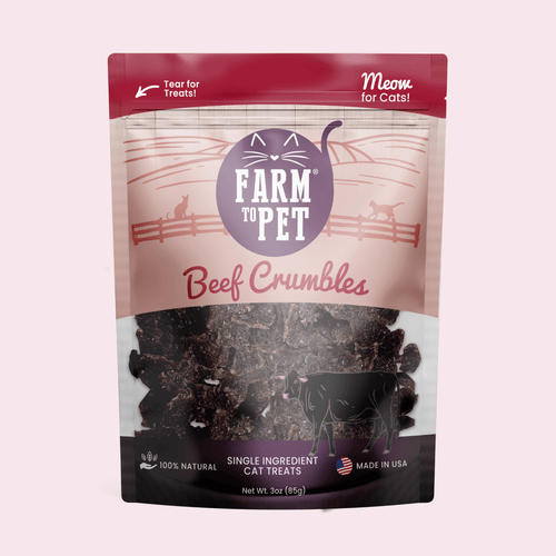 Beef crumbles cat treat pouch with visible dark beef pieces