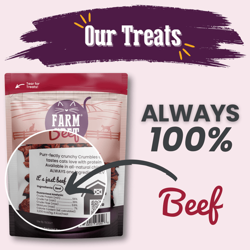 Beef crumbles cat treat pouch shown in a benefits layout