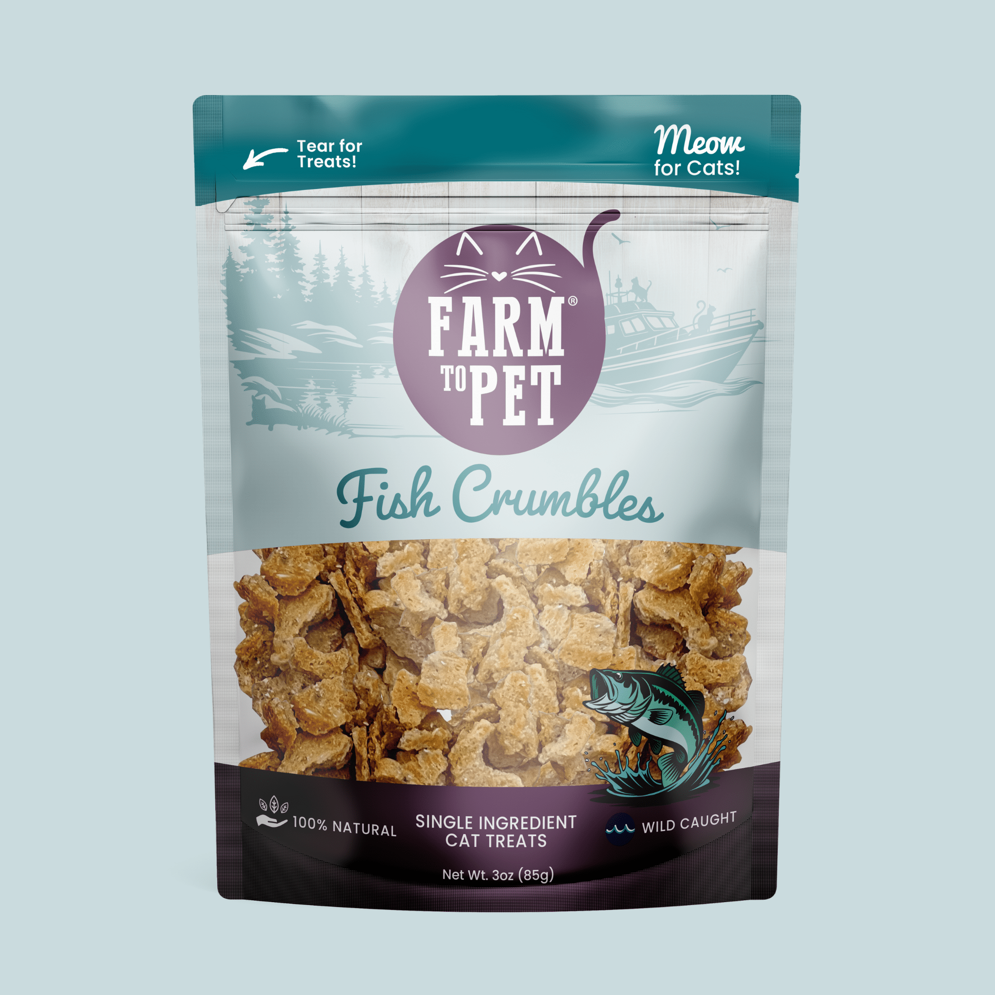 Fish crumbles cat treat pouch with teal top and purple branding, filled with brown crumbles