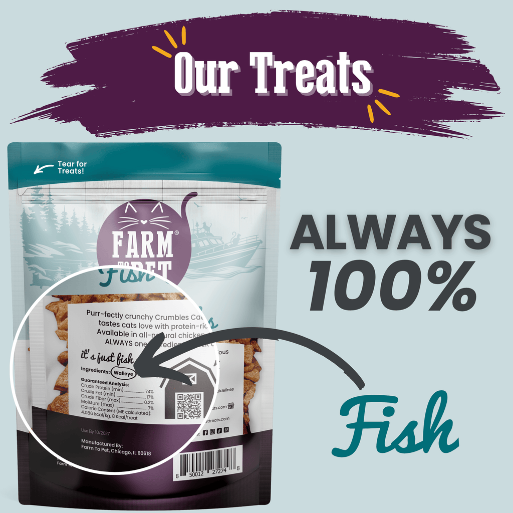Farm to Pet fish crumbles cat treat pouch shown from the back with label area