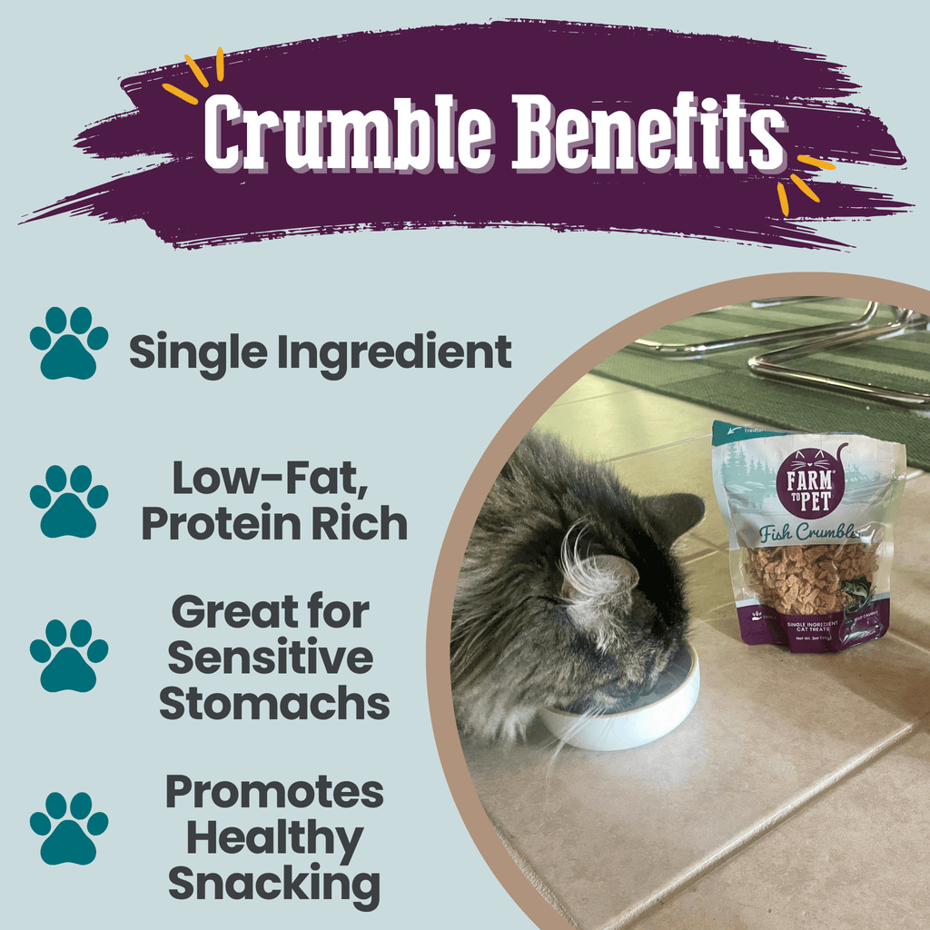 Fish crumbles cat treat pouch with benefits infographic on single-ingredient and protein