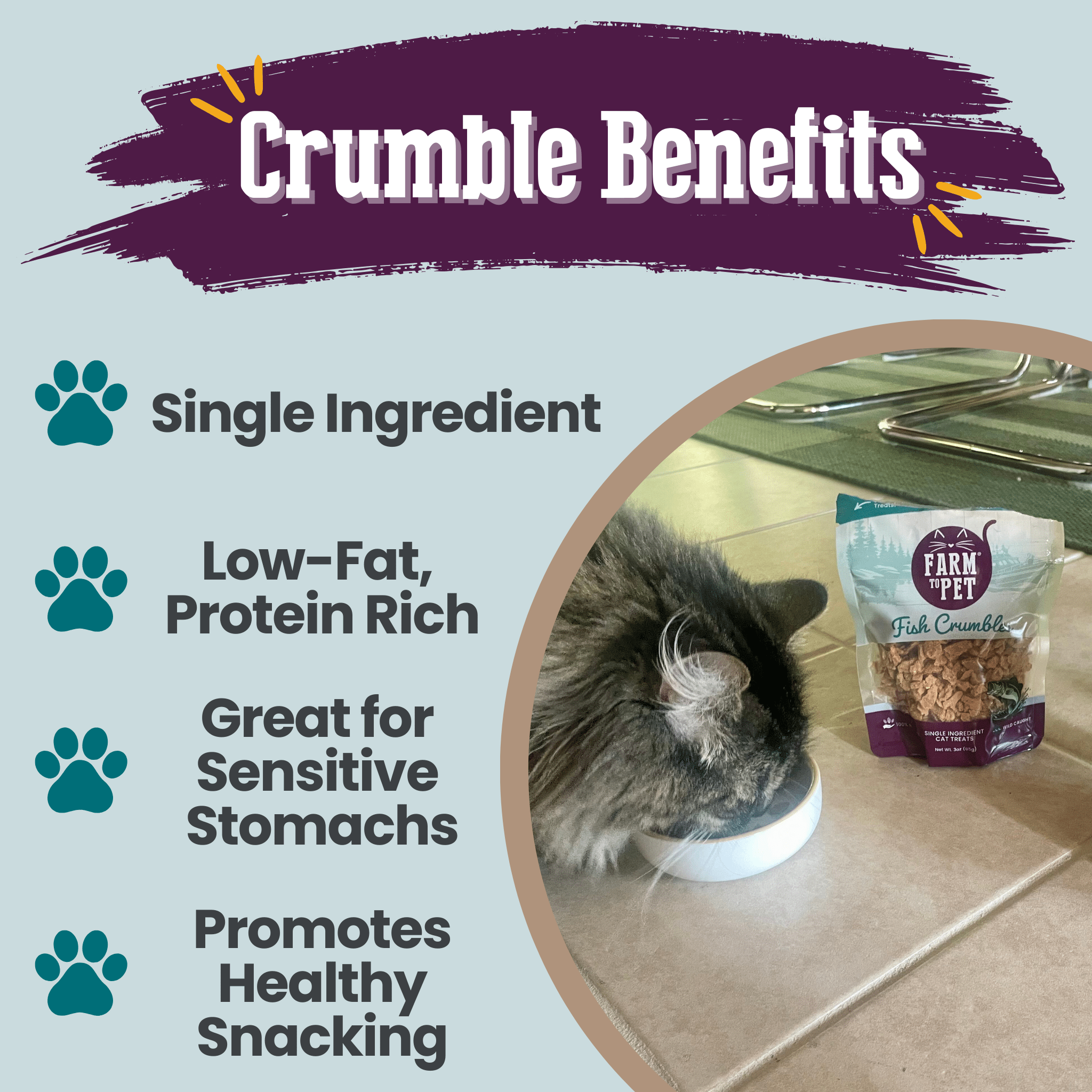 Fish crumbles cat treat pouch with benefits infographic on single-ingredient and protein