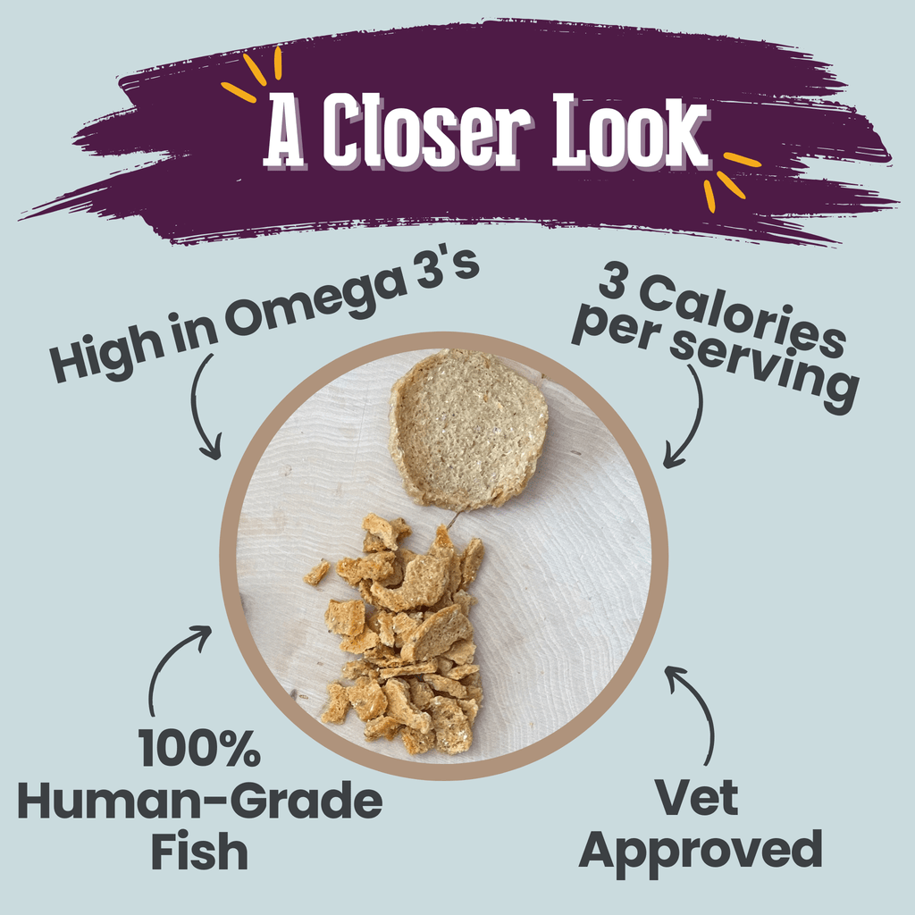 Fish crumbles cat treats shown with omega-3 and calorie callouts on a product graphic