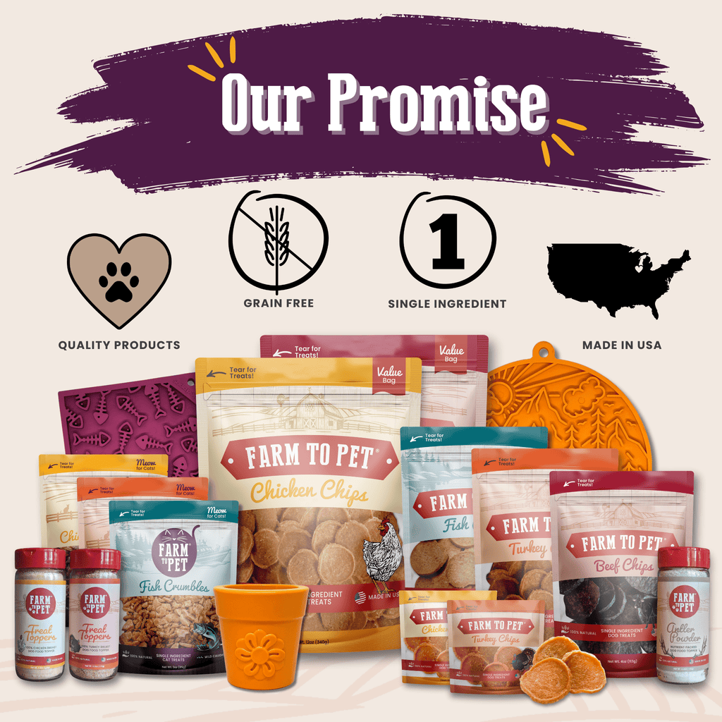Cat treat assortment with Farm to Pet fish crumbles and other varieties in branded packaging
