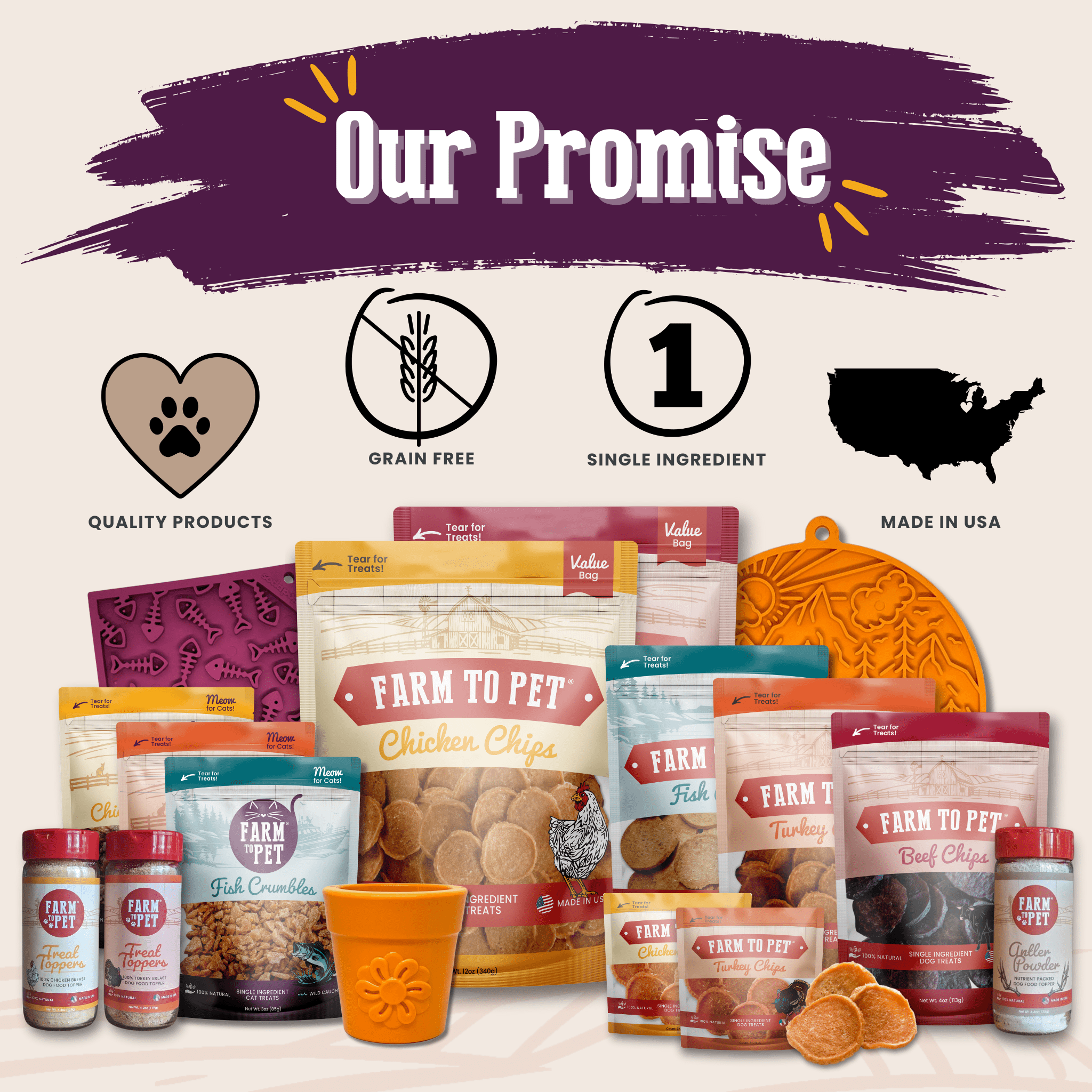 Cat treat assortment with Farm to Pet fish crumbles and other varieties in branded packaging