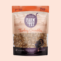 Turkey crumbles cat treat bag, Farm to Pet pouch with visible crunchy pieces