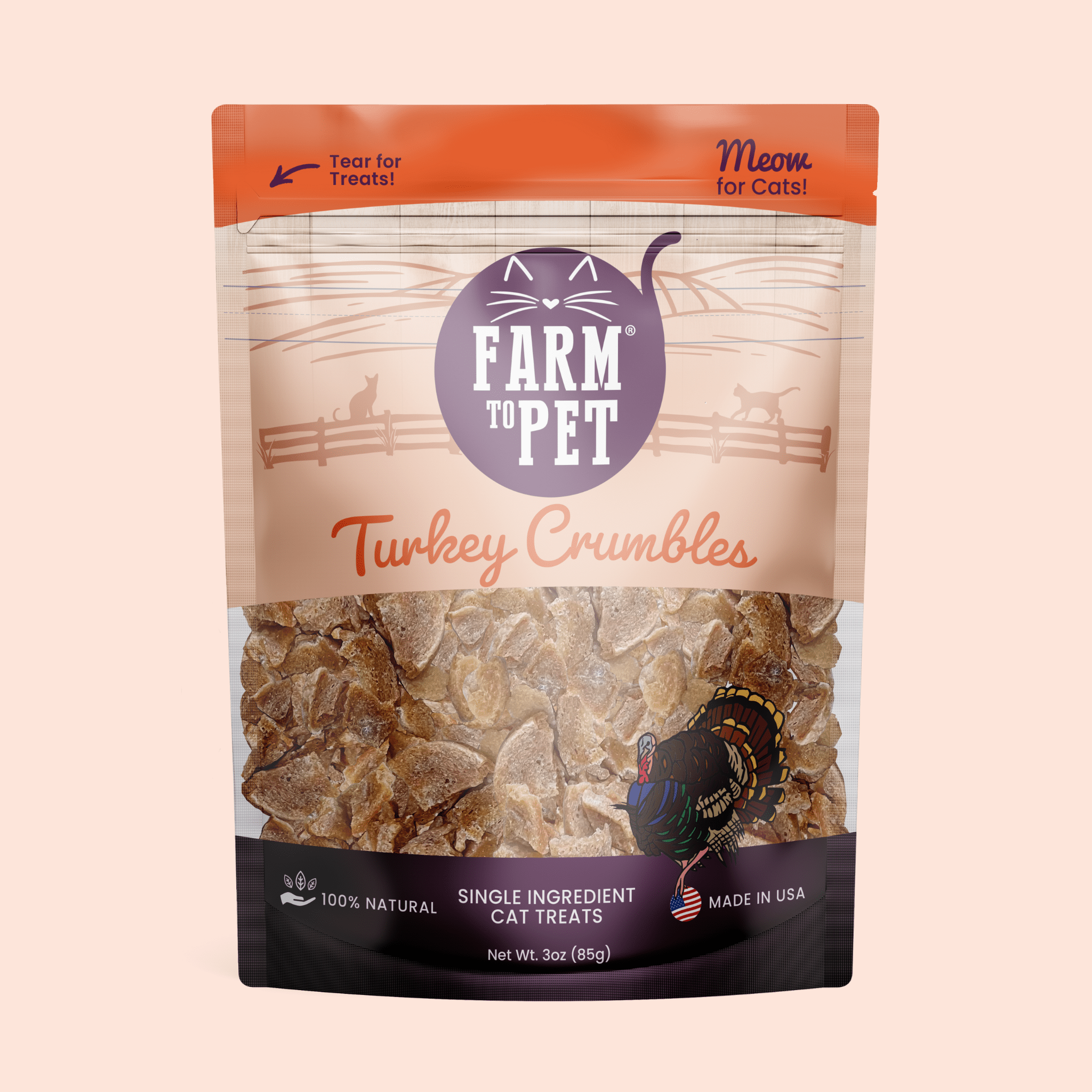Turkey crumbles cat treat bag, Farm to Pet pouch with visible crunchy pieces