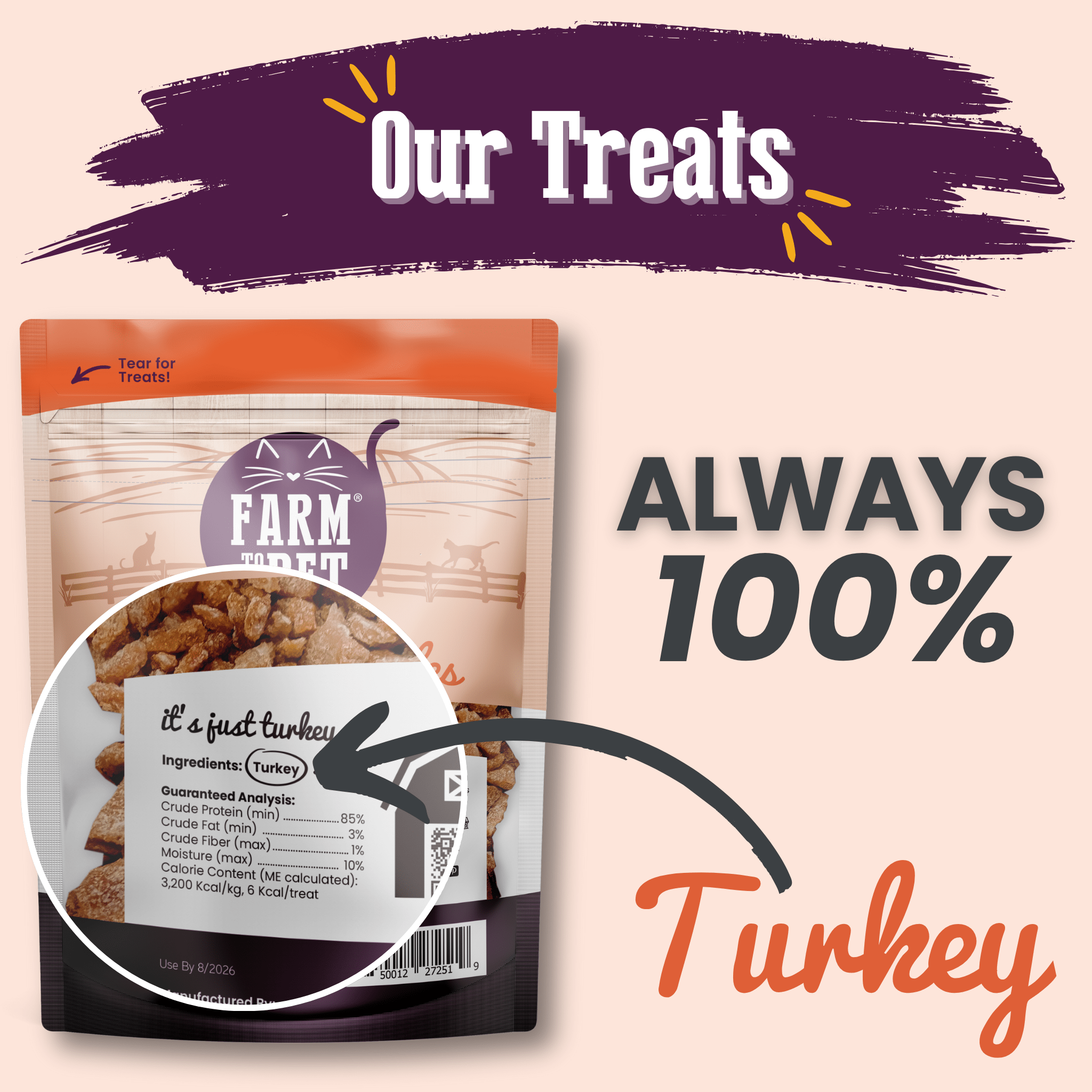 Turkey crumbles cat treat pouch with ingredient label circle