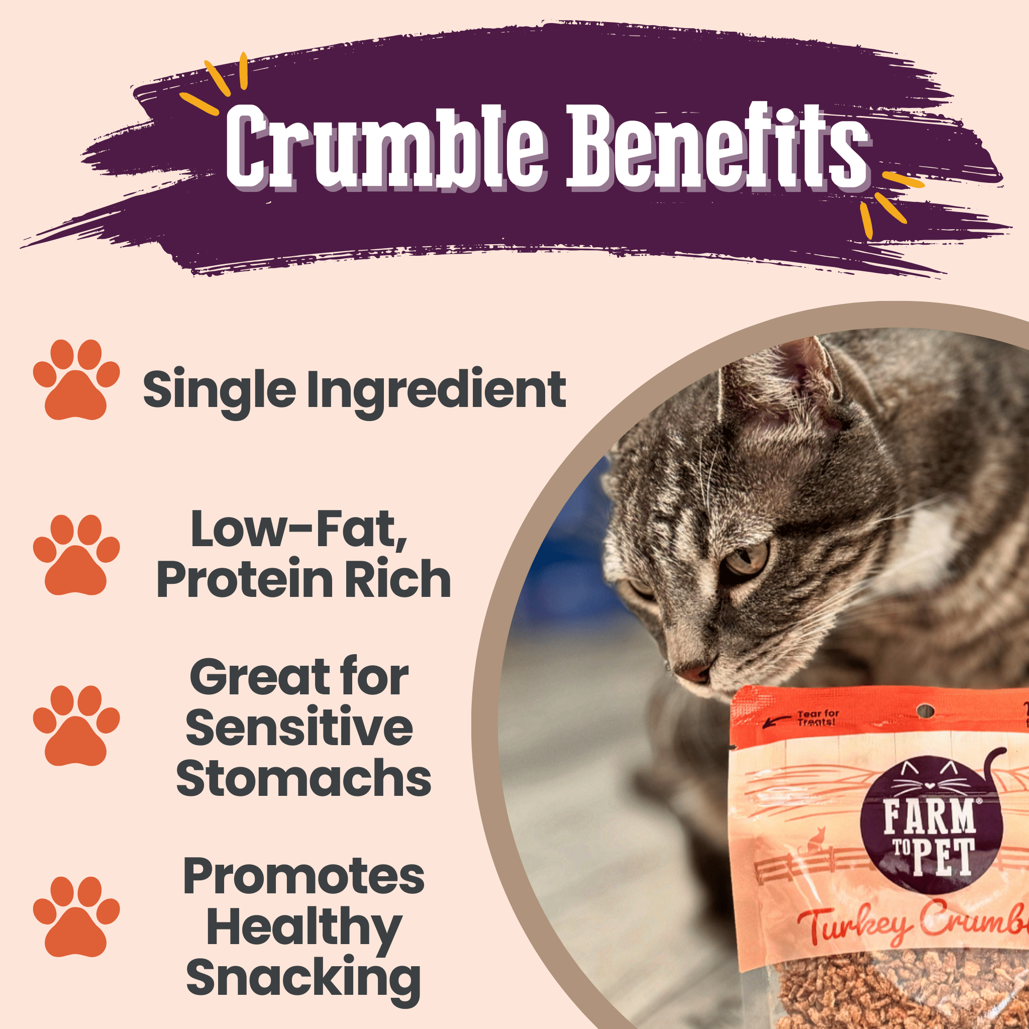 Turkey crumbles cat treat pouch with a gray cat nuzzling