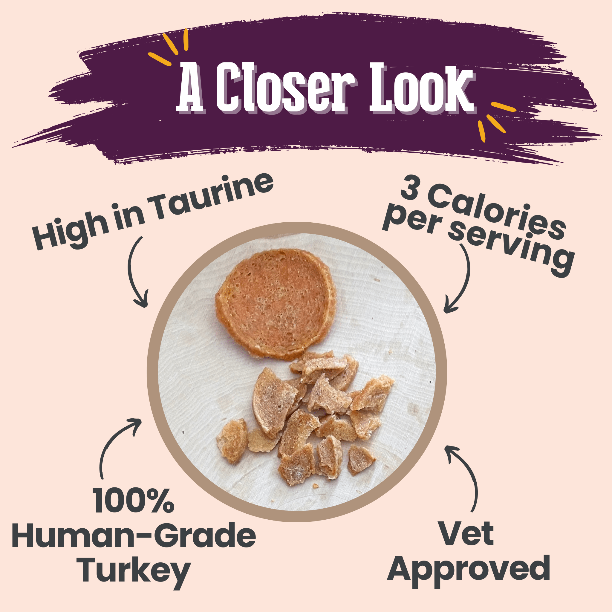 Turkey crumbles cat treat pouch with a few treat pieces on a paper liner