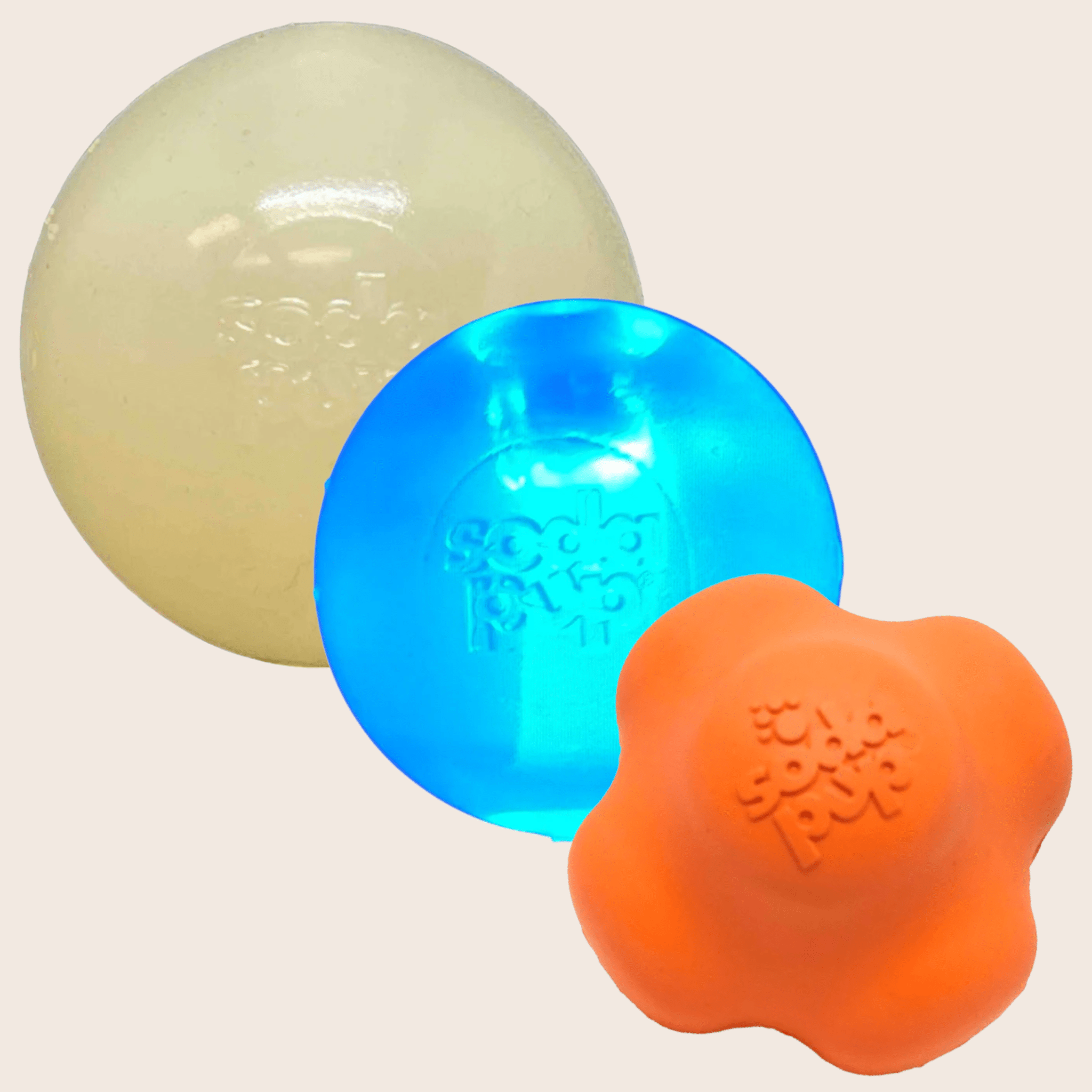 Set of translucent dog fetch balls: yellow, blue, and orange