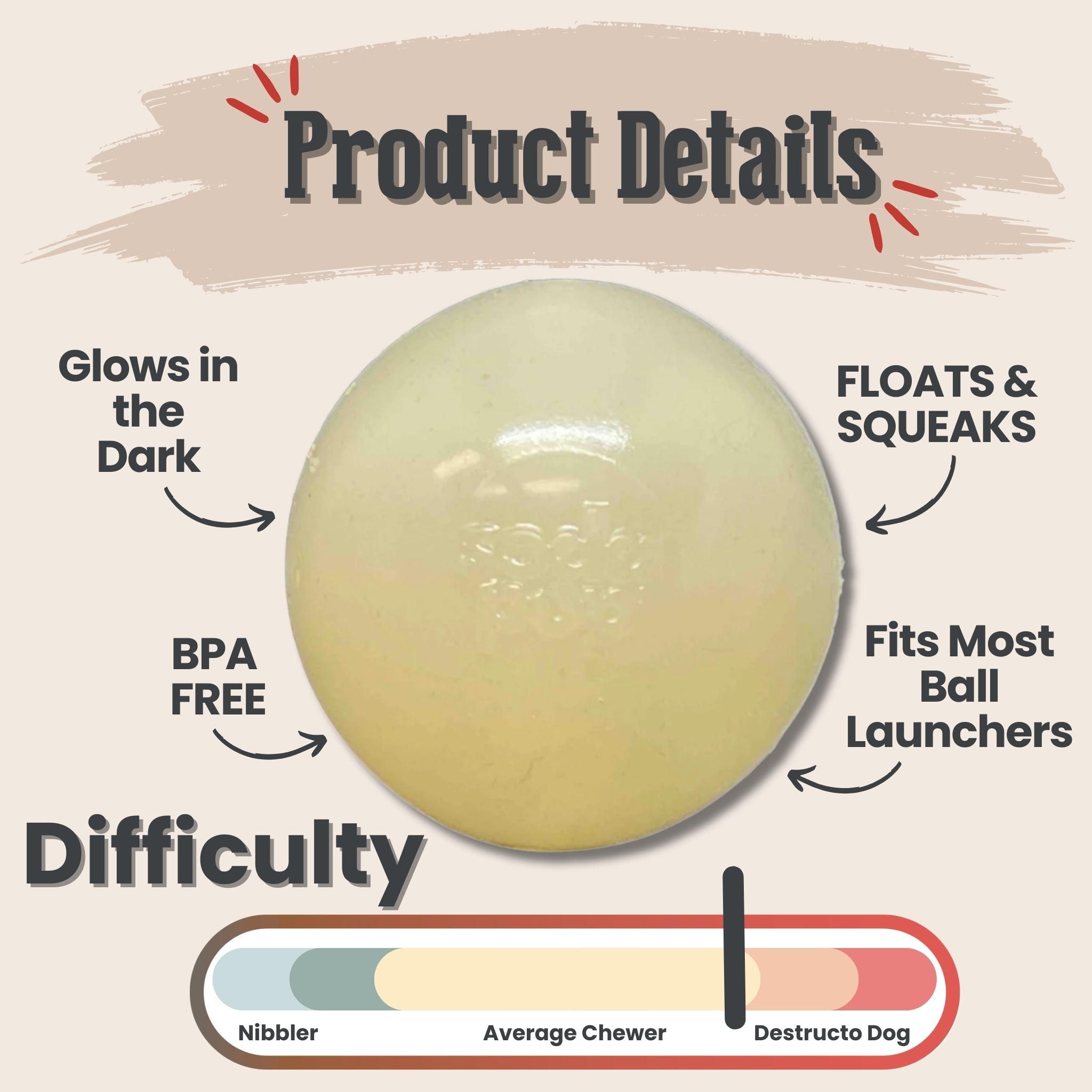 Glowing dog fetch ball, pale yellow rubber ball