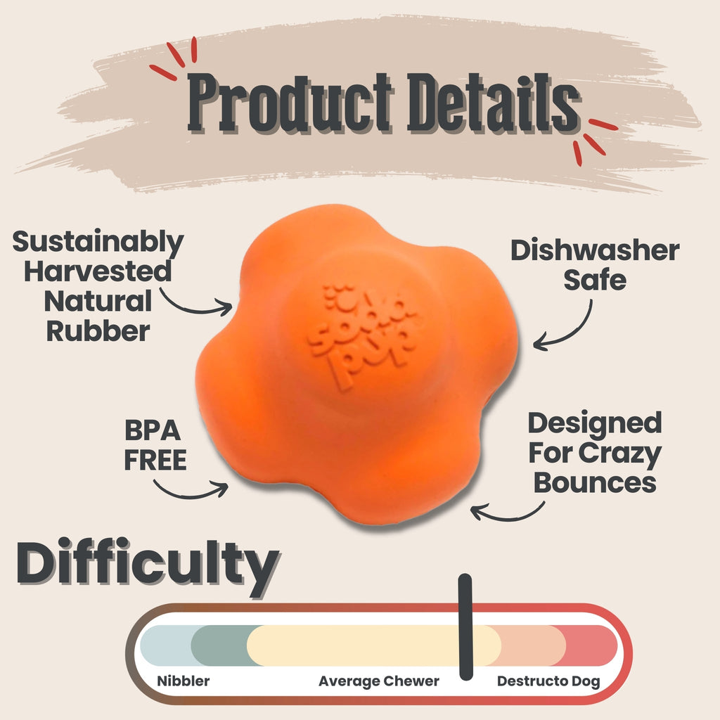 Orange paw-embossed dog fetch ball, natural rubber