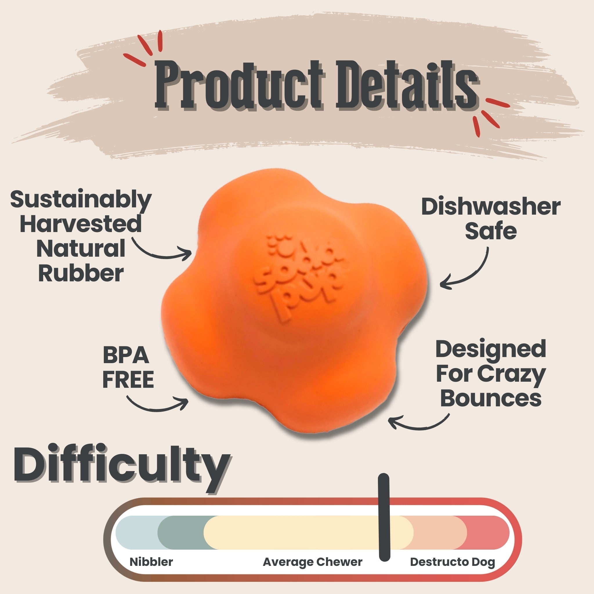 Orange paw-embossed dog fetch ball, natural rubber