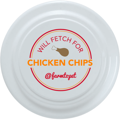 White dog frisbee with Chicken Chips text and Will Fetch For logo, @farmcoped
