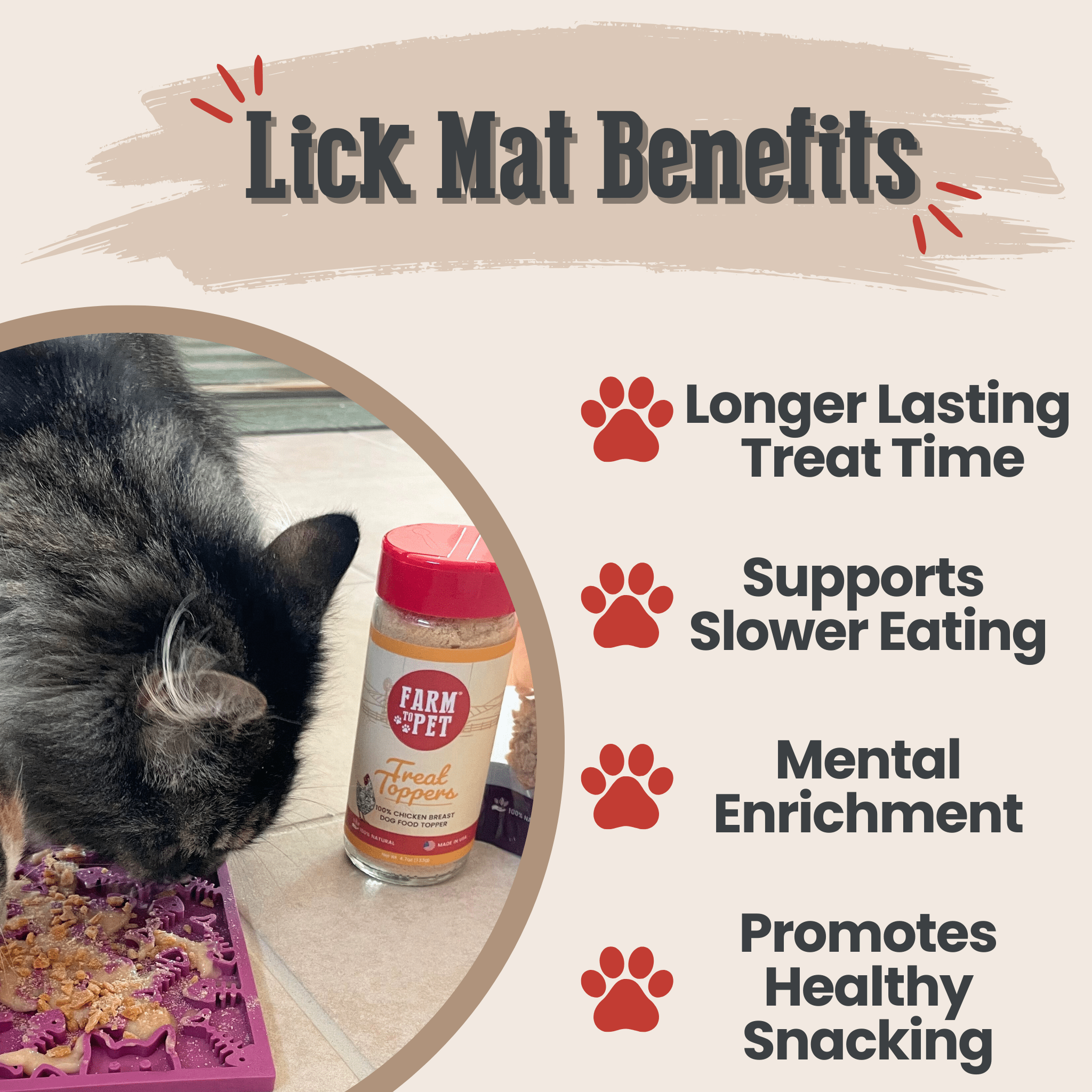 Dog licking a purple textured lick mat for cats and small dogs on the floor