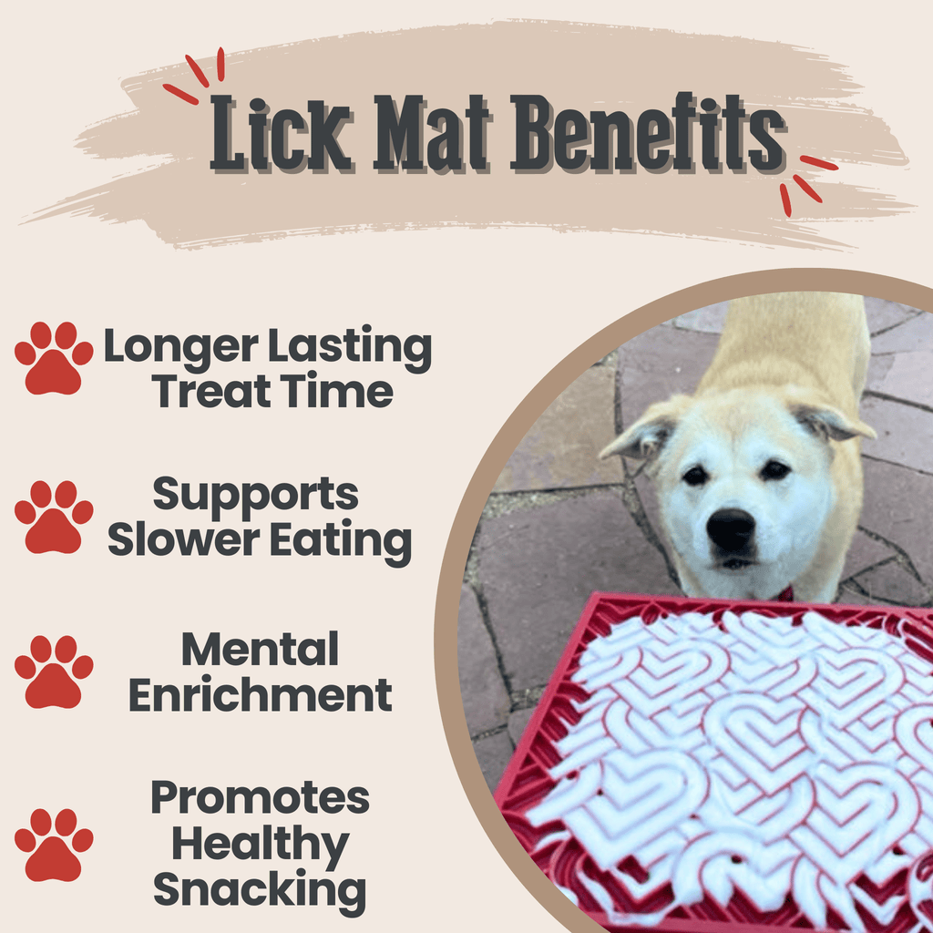 Dog lick mat benefits infographic with paw icons
