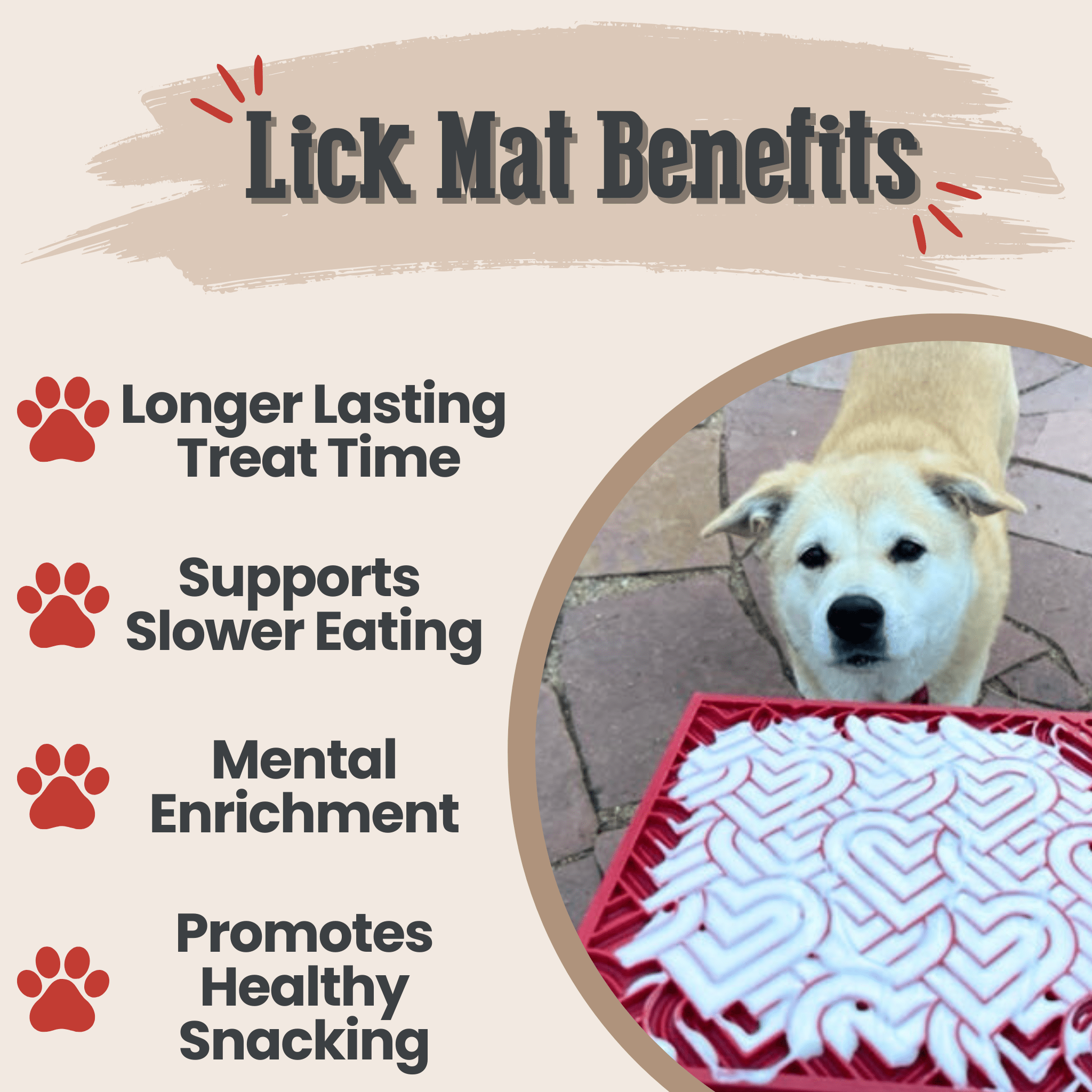 Dog lick mat benefits infographic with paw icons