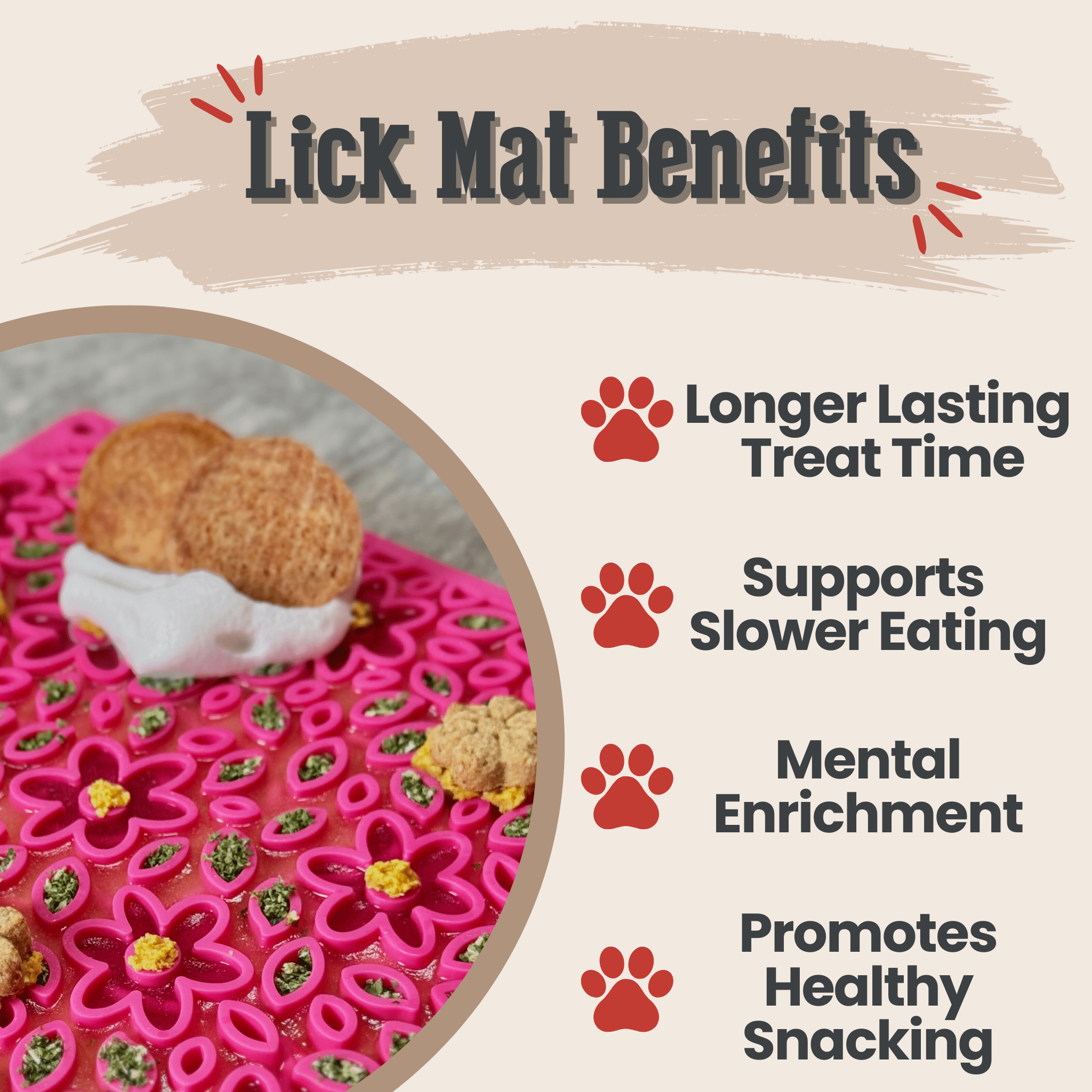 Dog lick mat benefits infographic showing longer lasting treat time icons