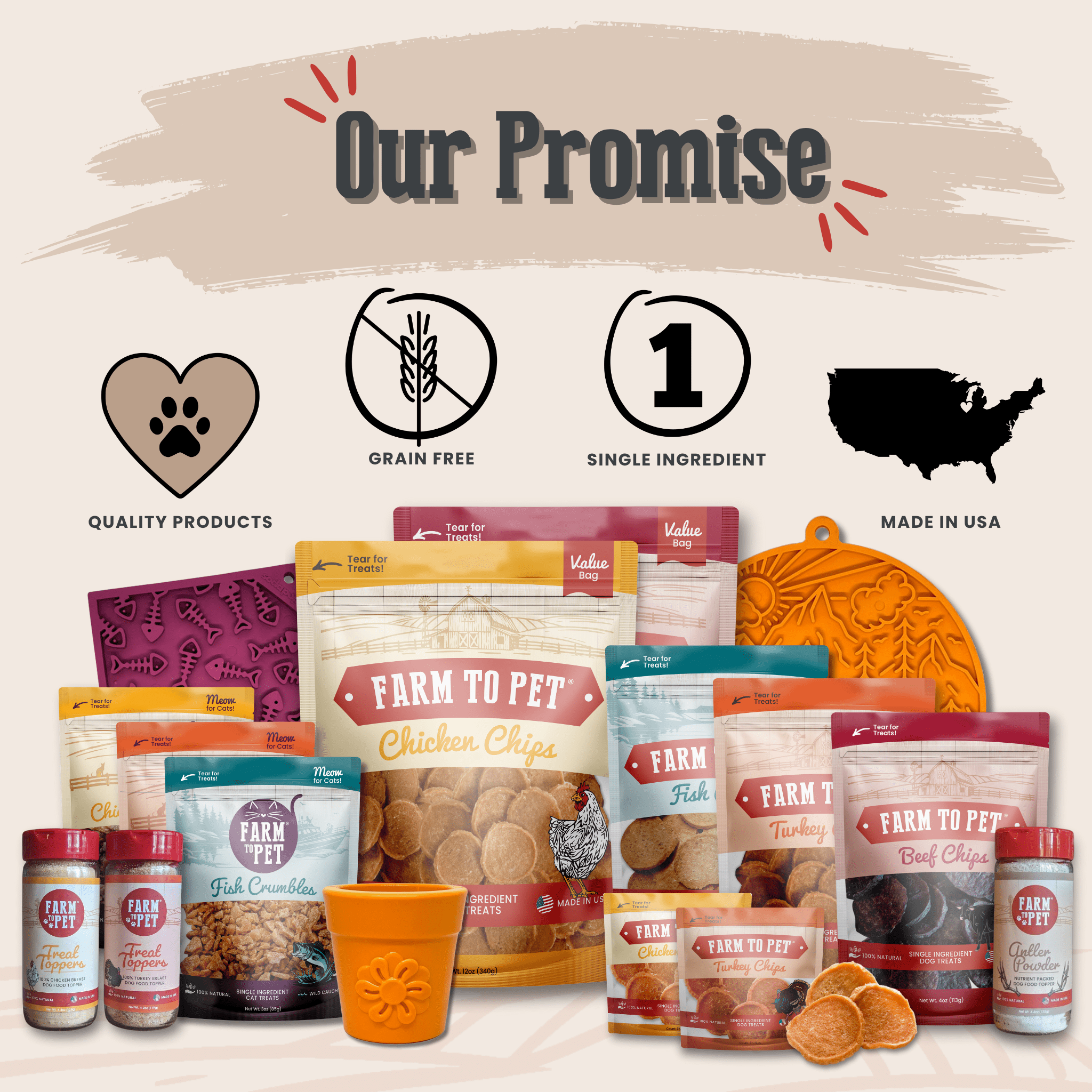 Dog lick mat promise graphic featuring silicone mat shapes and pet treat packs.