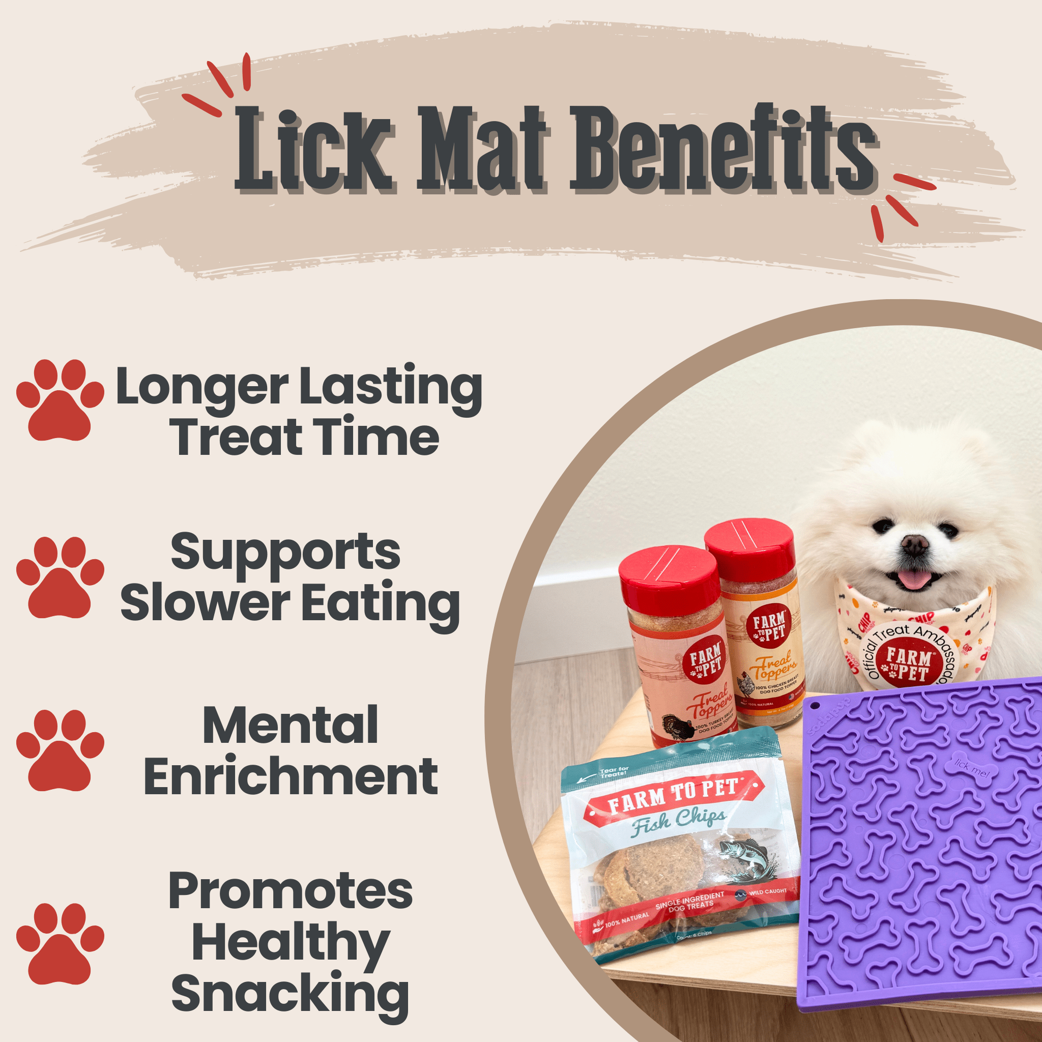 Dog lick mat benefits graphic with icons for slower eating and mental enrichment.
