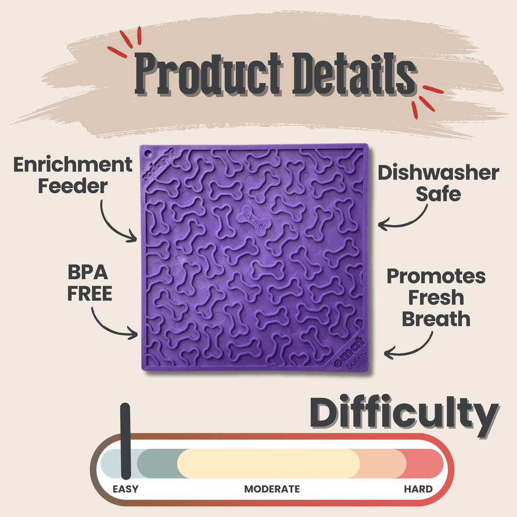 Dog lick mat product details graphic with enrichment and BPA-free icons.