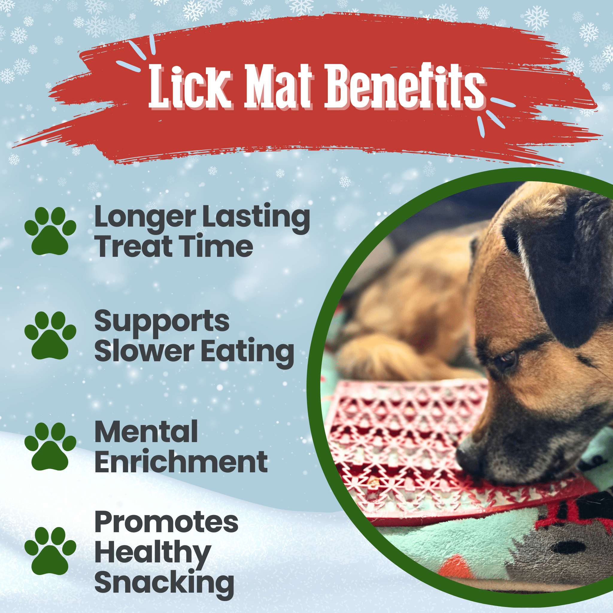 Red silicone lick mat with raised pattern, shown with a dog licking