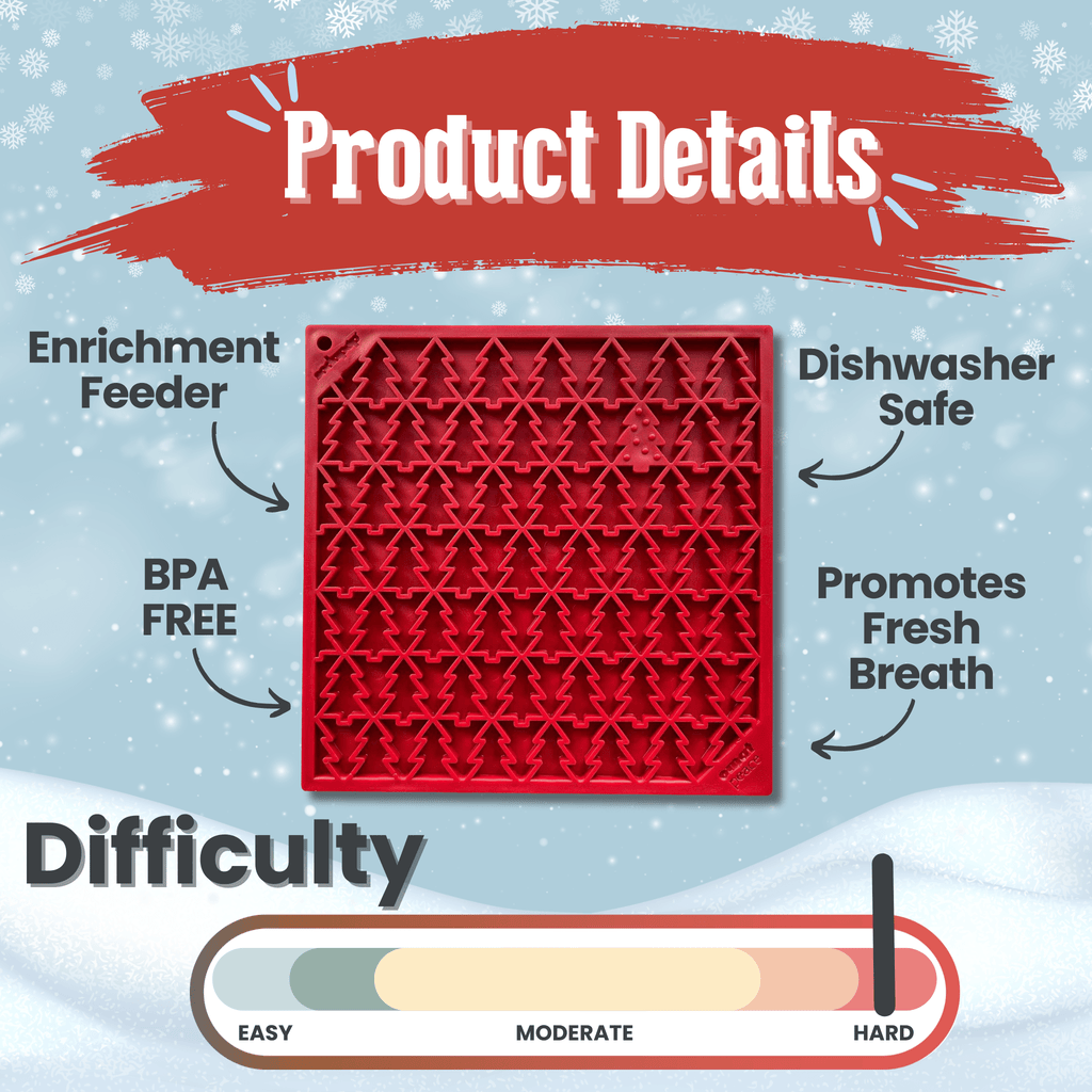 Red silicone lick mat with raised tree design, dishwasher-safe