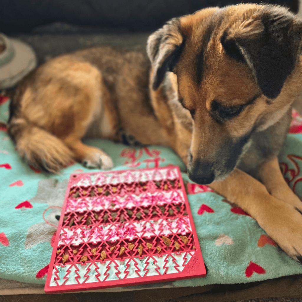Red silicone lick mat with raised tree pattern on bed, dog licking