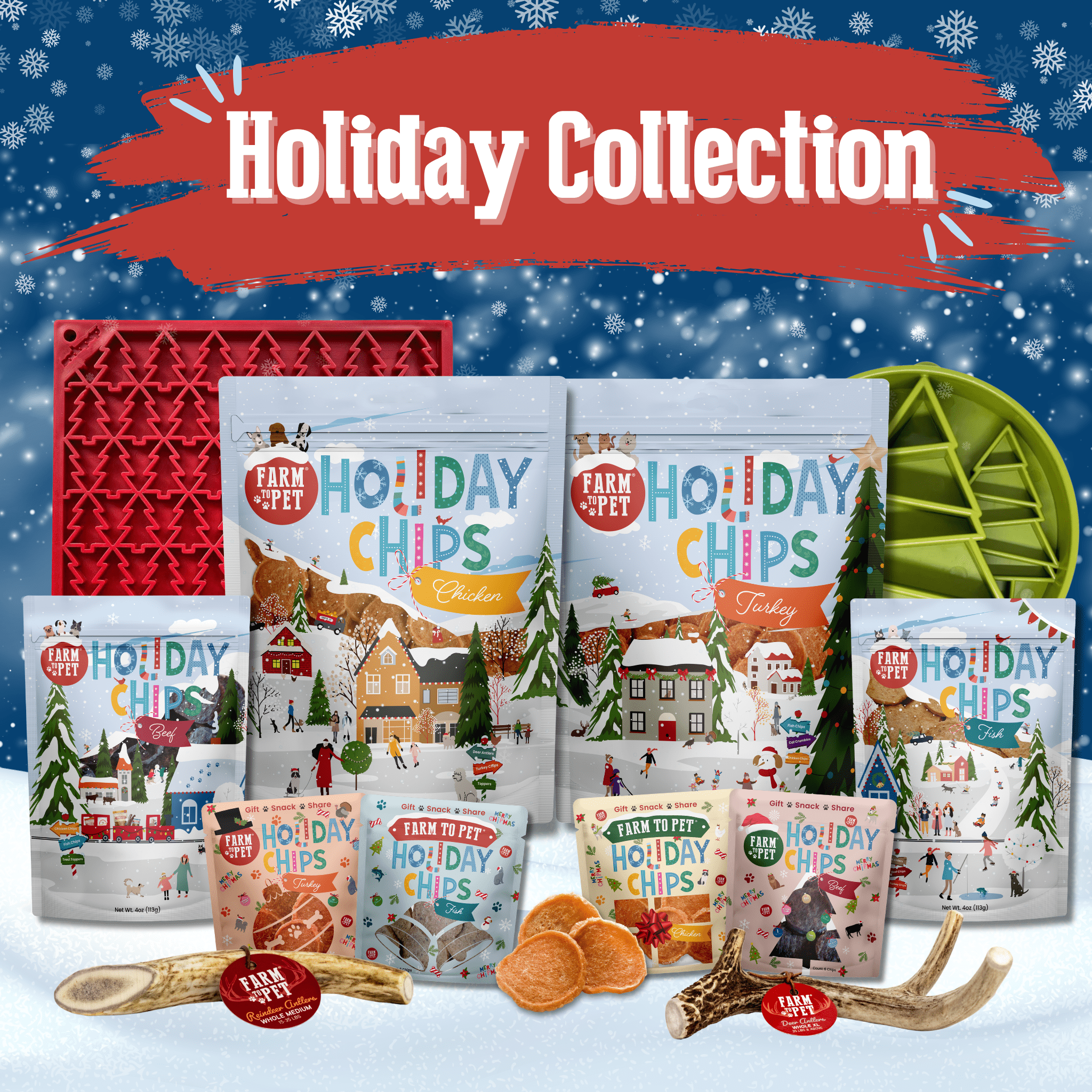 Holiday lick mat set with red silicone tree-shaped mat and treat bags