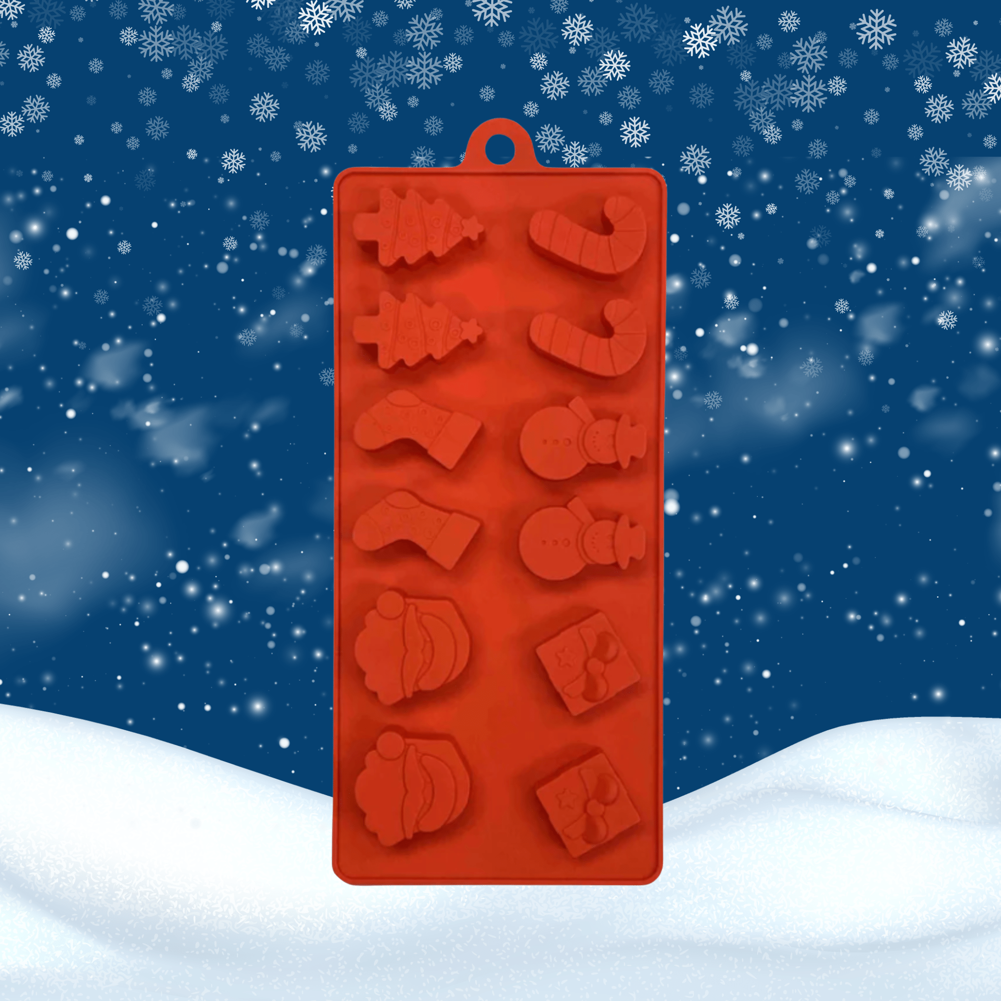 Silicone pet treat mold on card with paw and bone cavity shapes, orange-red