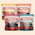 Dog treat sampler: four Farm to Pet single-ingredient pouches (chicken, turkey, beef, fish)