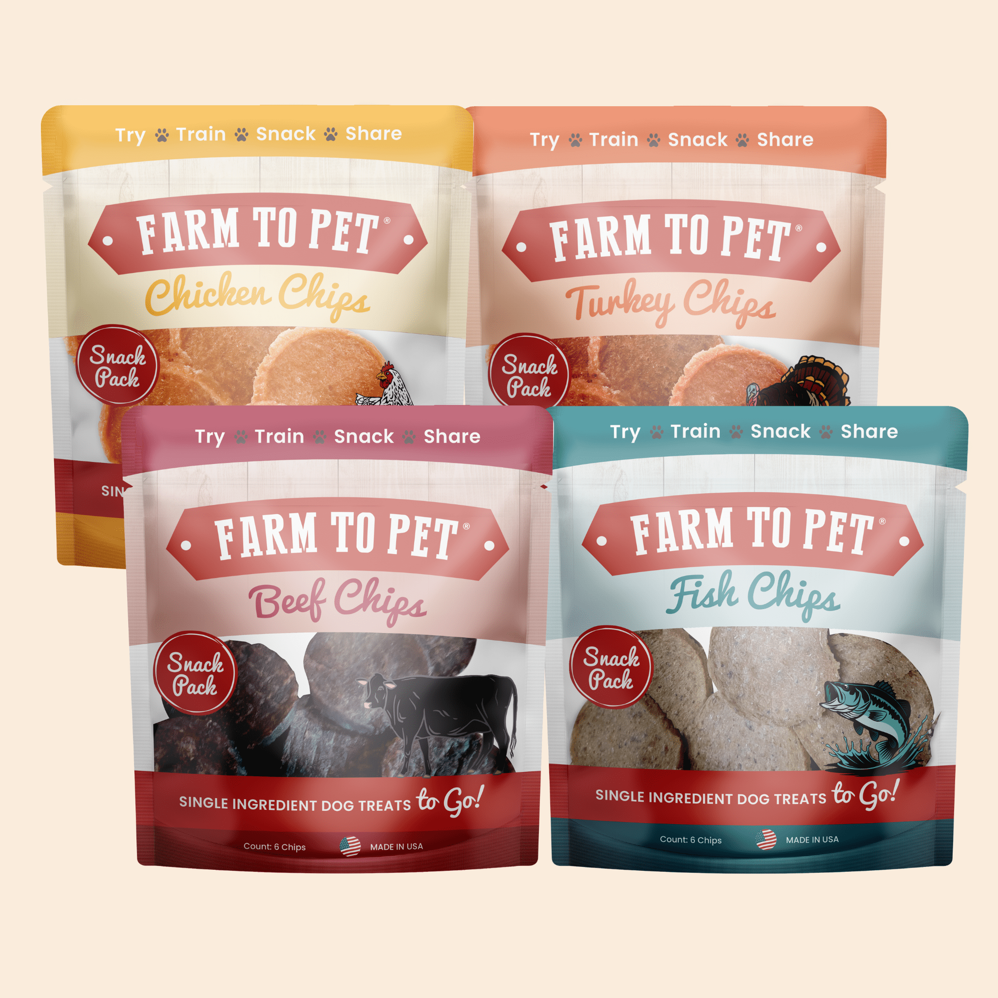 Dog treat sampler: four Farm to Pet single-ingredient pouches (chicken, turkey, beef, fish)