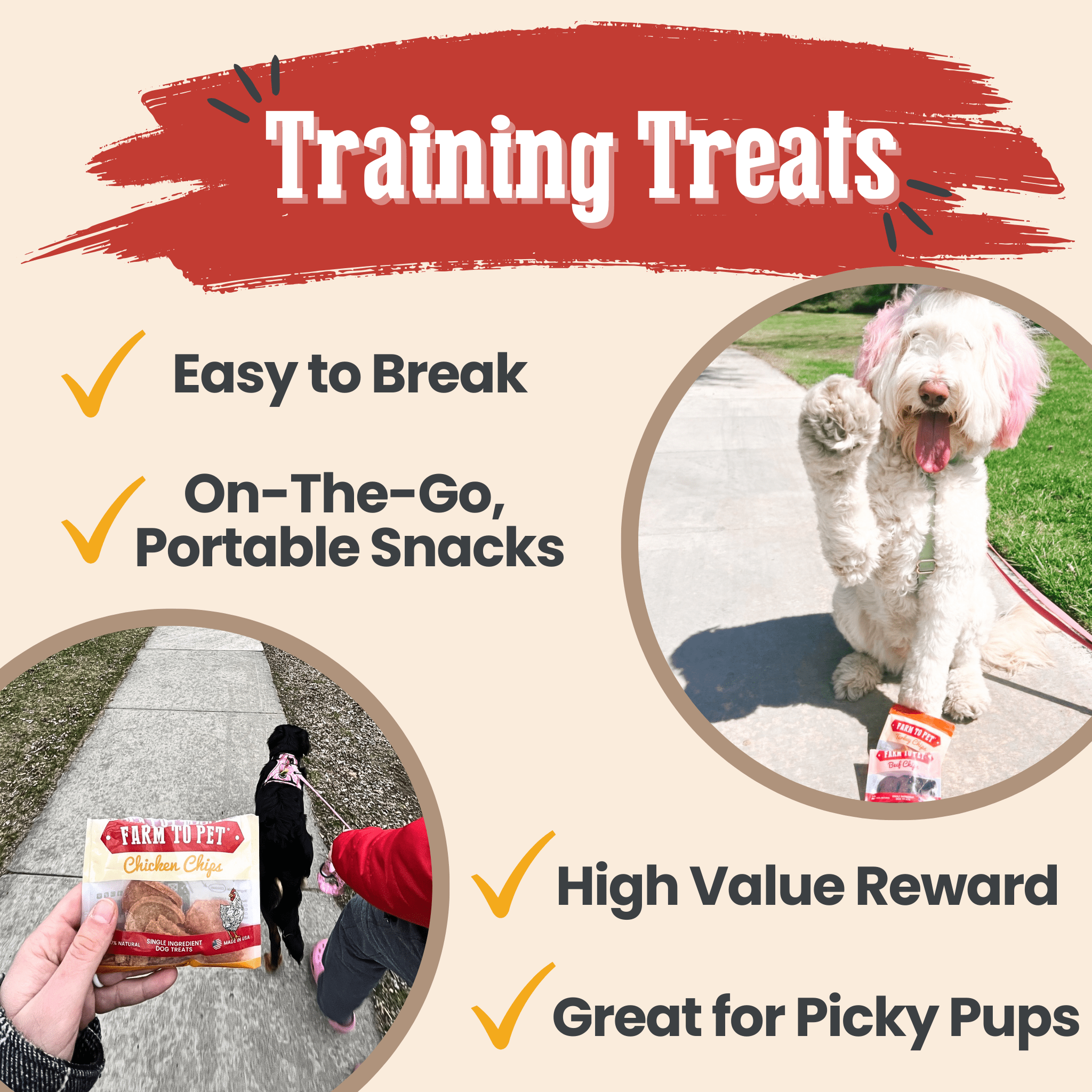 Training treat sampler featuring Farm to Pet pouches for easy on-the-go rewards