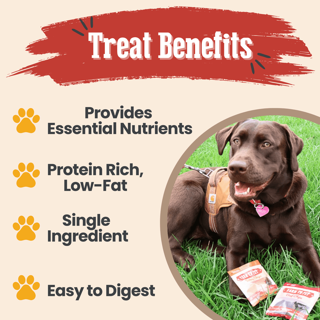 Dog treat benefits card featuring Farm to Pet single-ingredient pouches