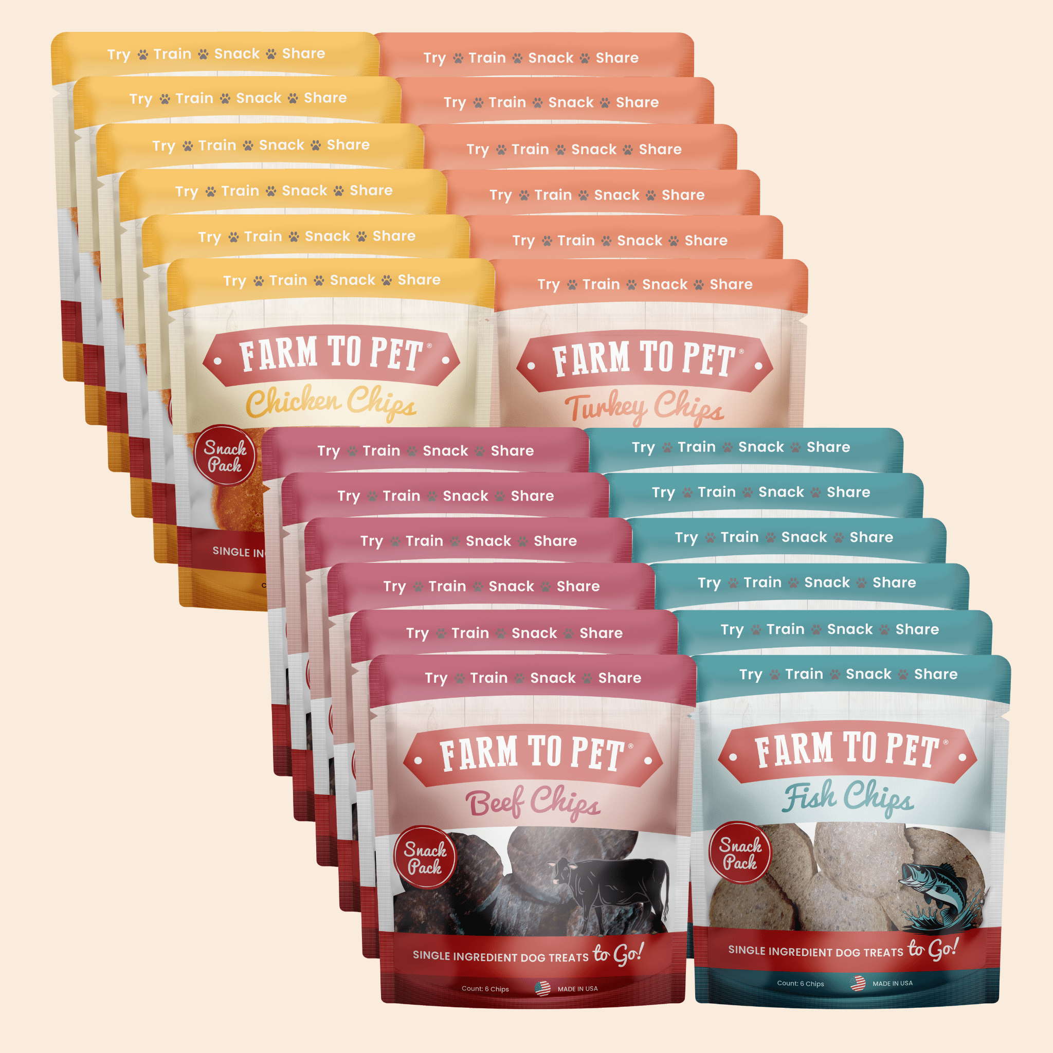 Farm to Pet dog treat sampler: stacked single-ingredient flavor pouches