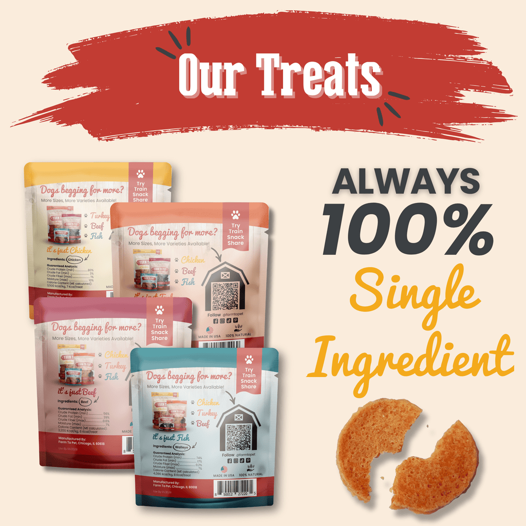 Dog treat sampler with two Farm to Pet single-ingredient pouches and snack pieces
