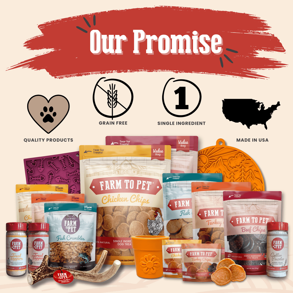 Farm to Pet treat sampler assortment on a promise infographic