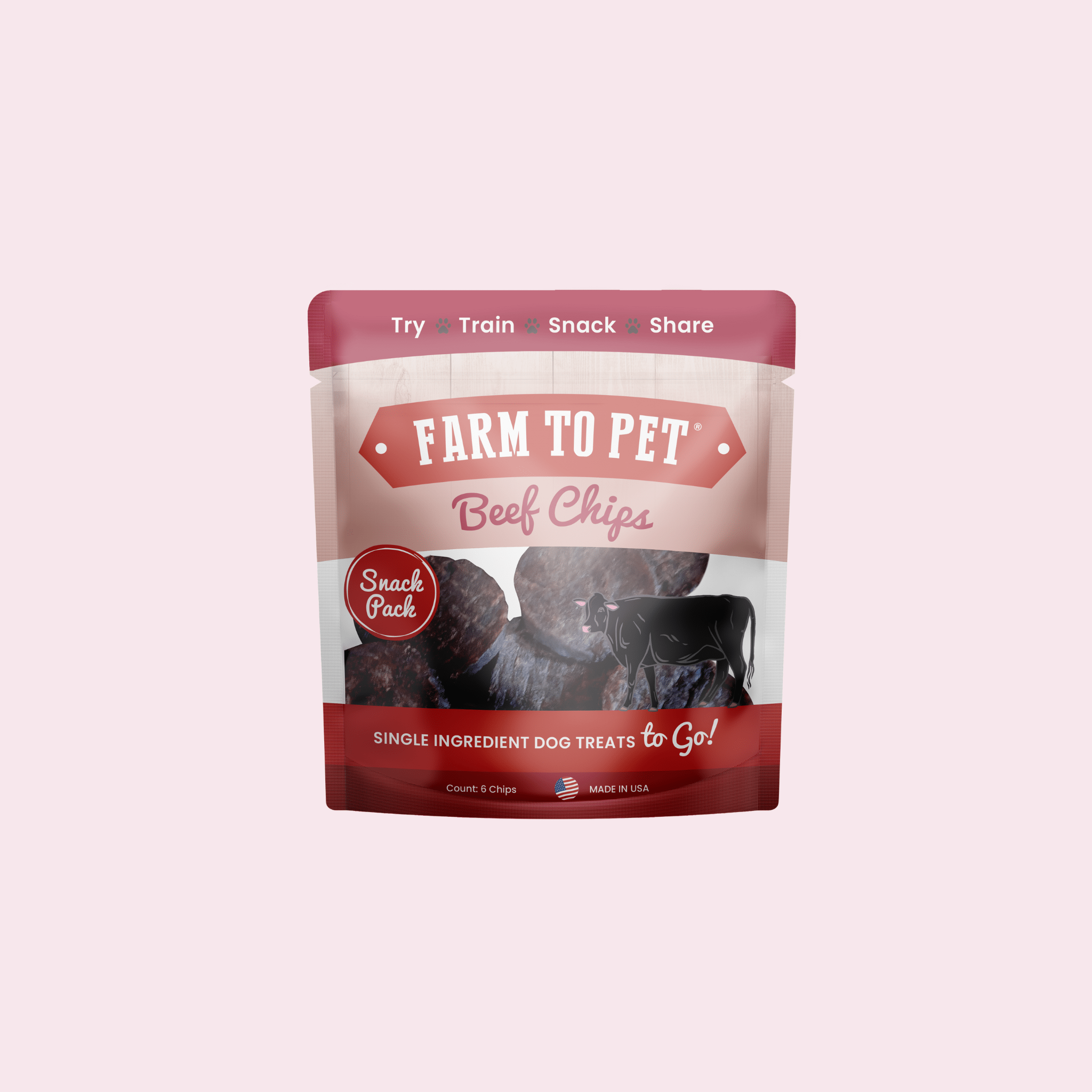 Beef chips dog treat pouch, Farm to Pet package with maroon top and clear window