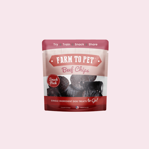 Beef chips dog treat pouch, Farm to Pet package with maroon top and clear window
