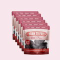 Stacked Farm to Pet Beef Chips dog treat pouches in maroon with clear window