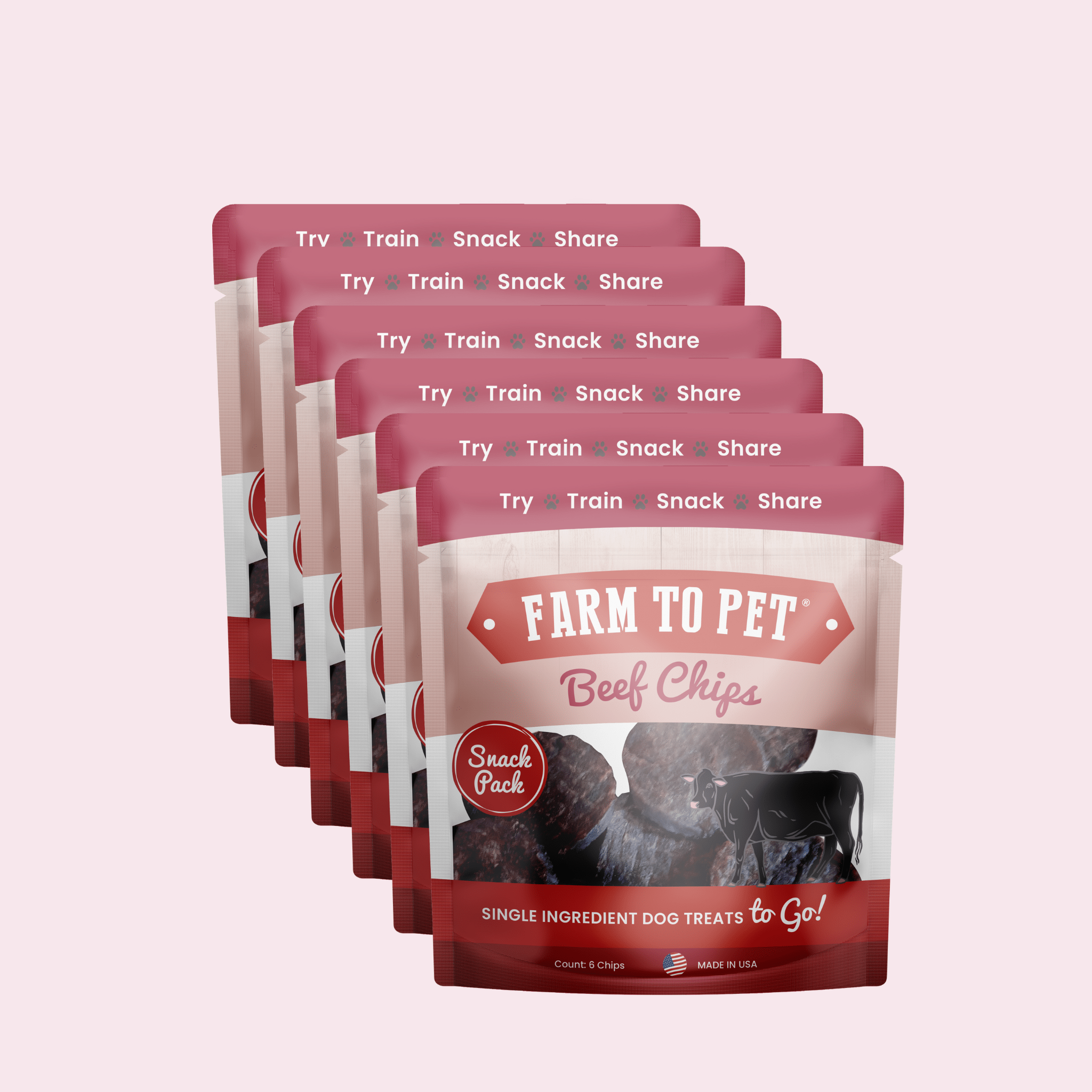 Stacked Farm to Pet Beef Chips dog treat pouches in maroon with clear window