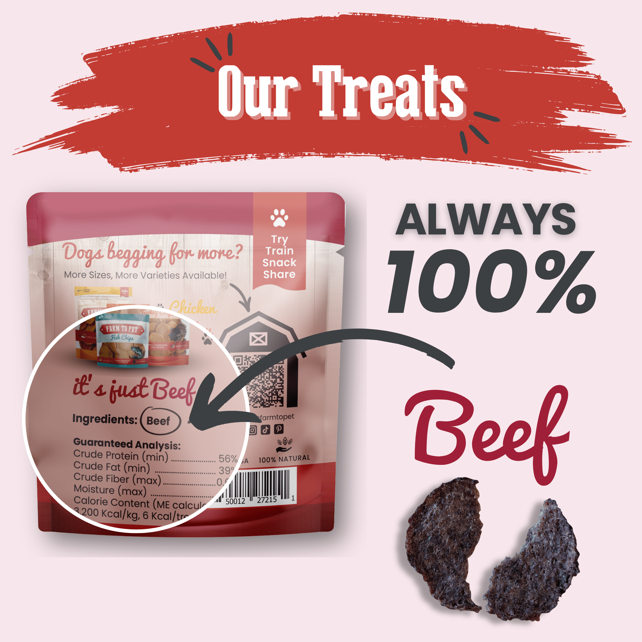 Farm to Pet Beef Chips dog treat pouch with dark beef chip pieces