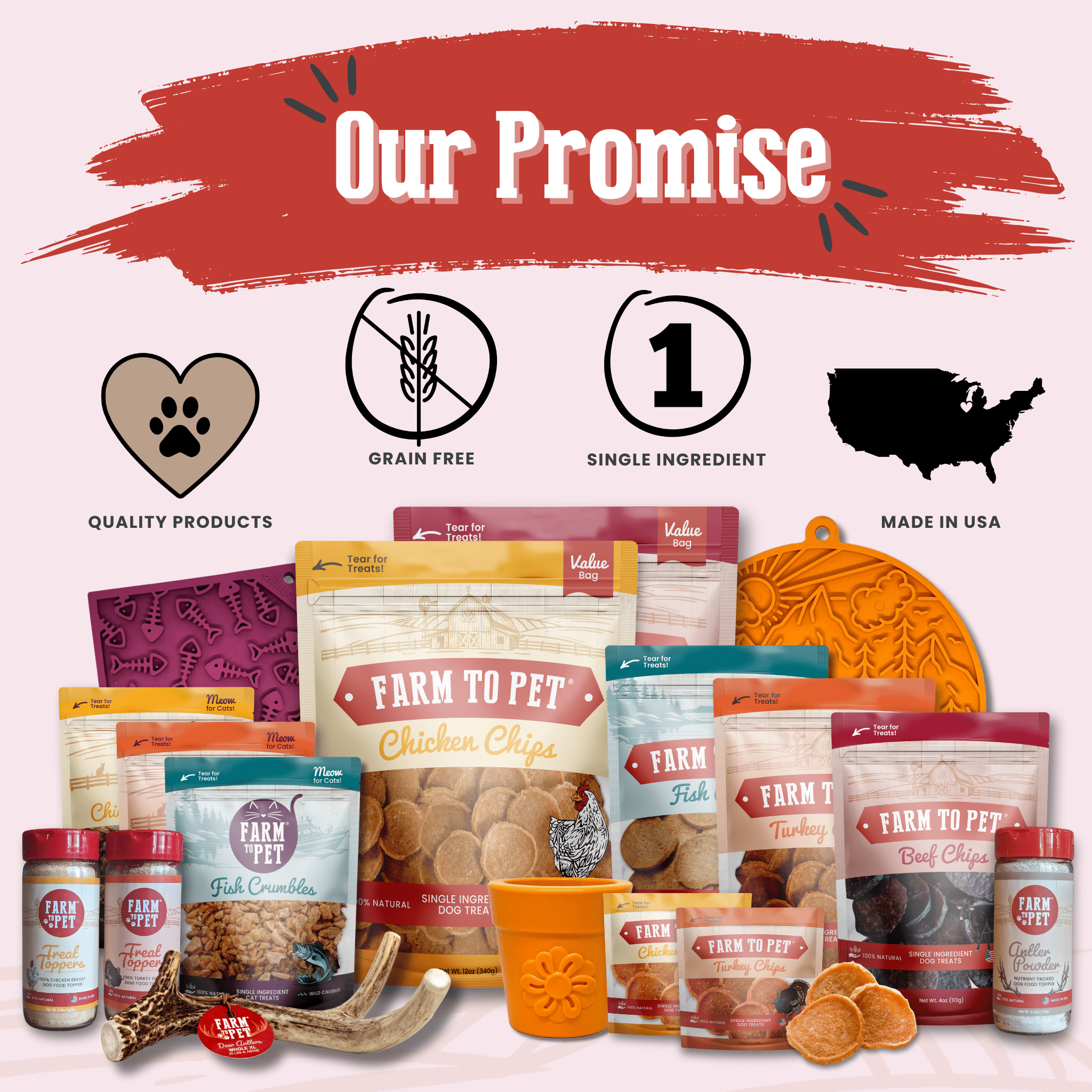 Assorted Farm to Pet dog treat packages, bowls, and snack items