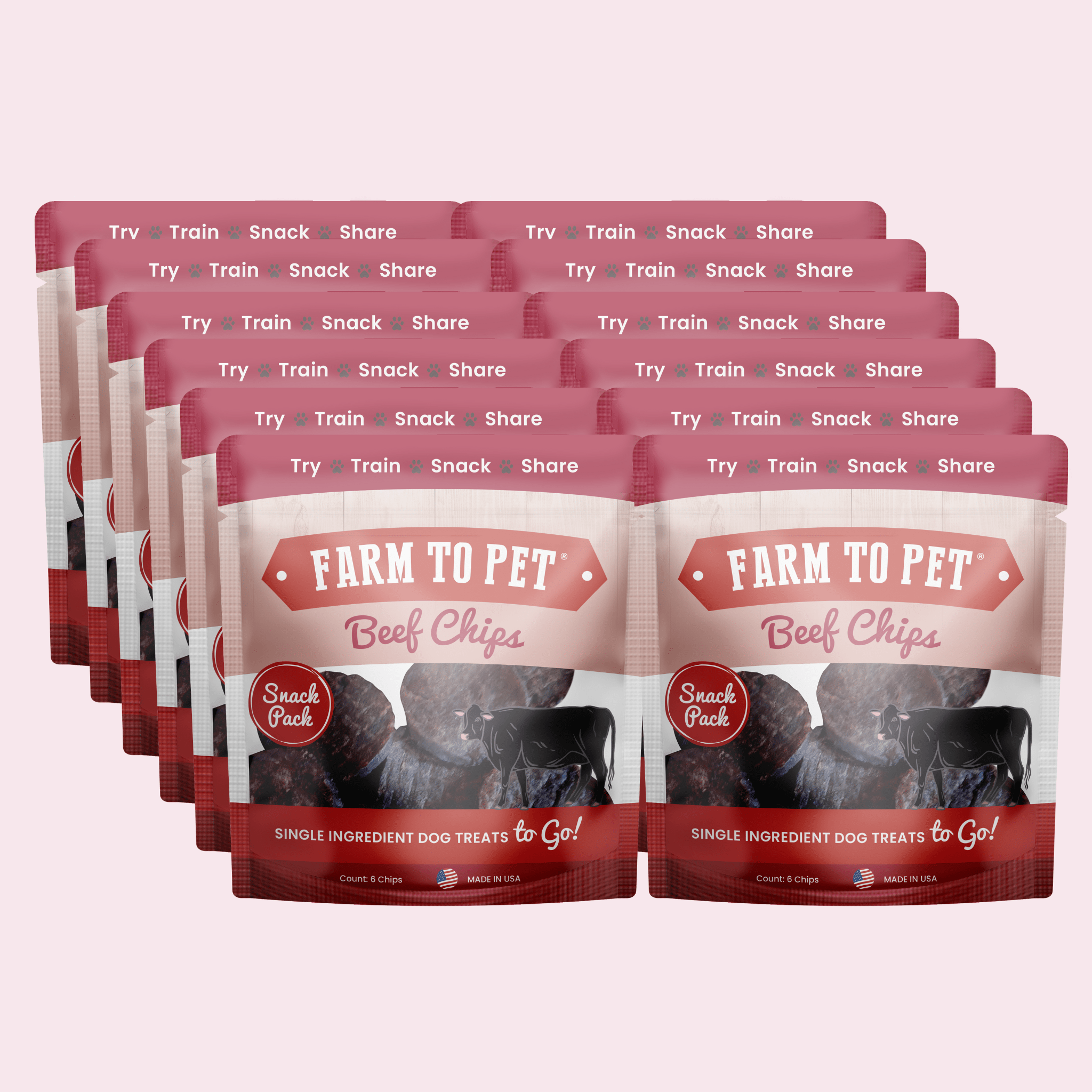Pack of Farm to Pet Beef Chips dog treats, maroon pouches with clear window